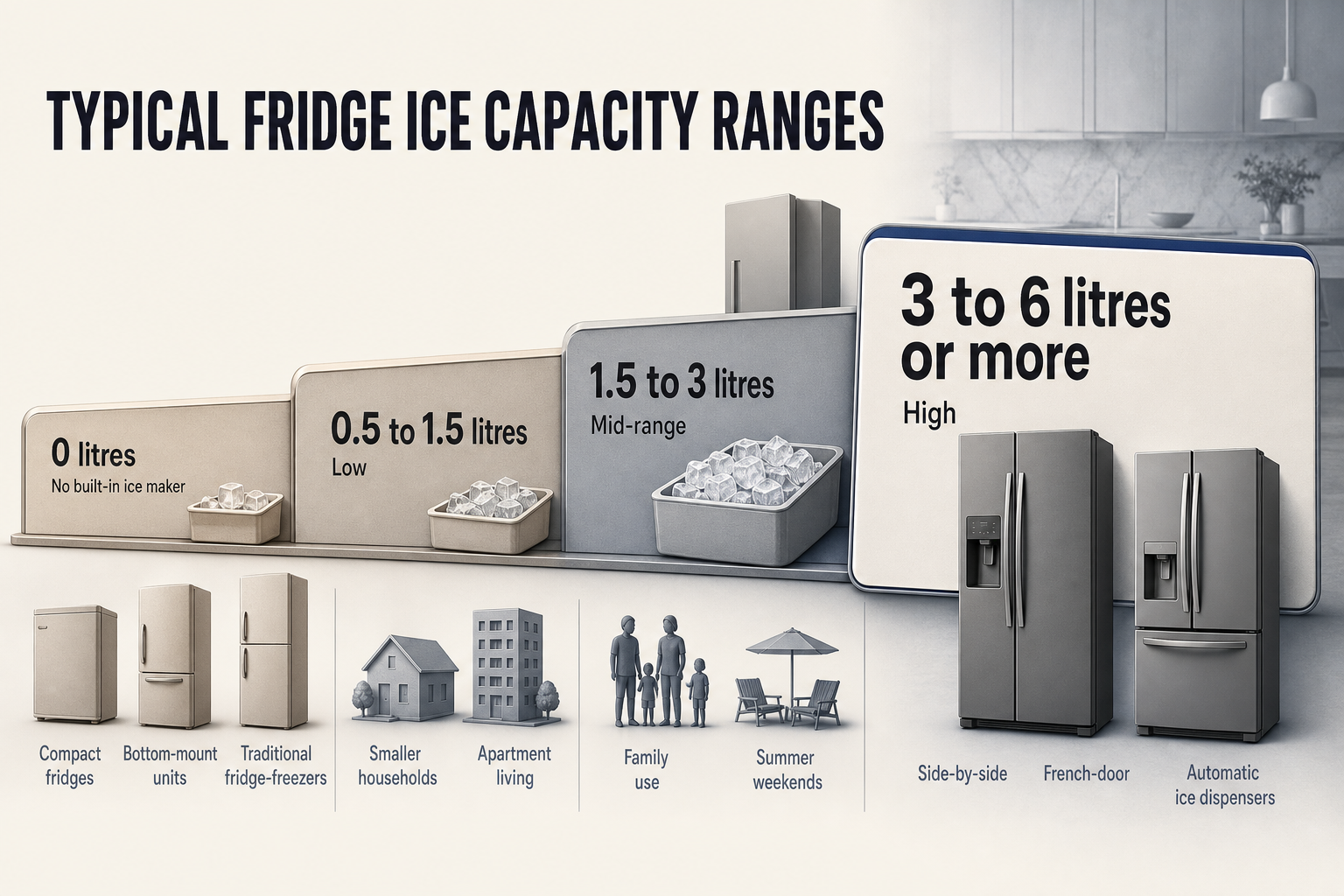 Typical Ice Capacity Ranges Horizontal range chart showing four ice capacity bands from 0 litres to 3 to 6 litres or more, with household and fridge type labels