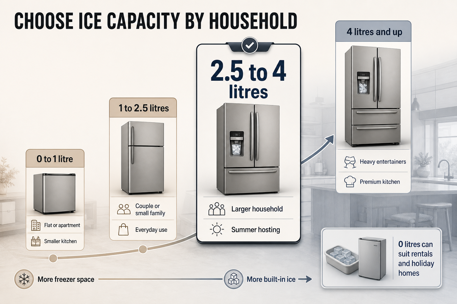 Choose the Right Ice Capacity Step-by-step household guide with four ice capacity bands, from apartment use to heavy entertaining, linked by a horizontal flow
