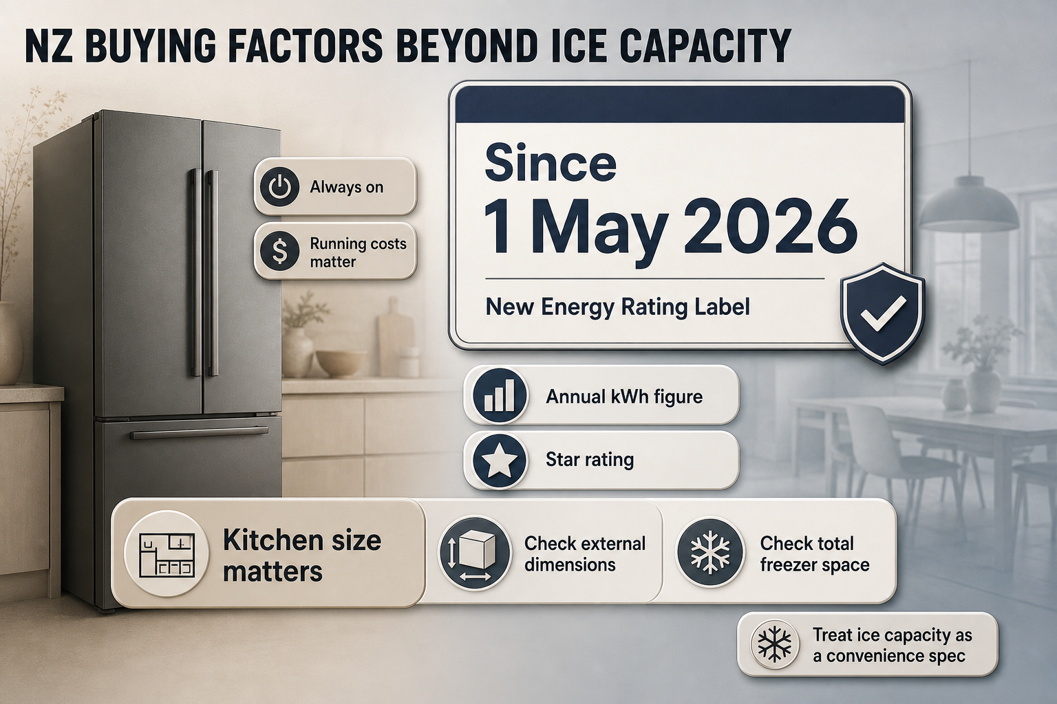 NZ Fridge Buying Factors Badge-style infographic with New Zealand energy label date, annual kWh and star rating markers, plus kitchen size and freezer space callouts