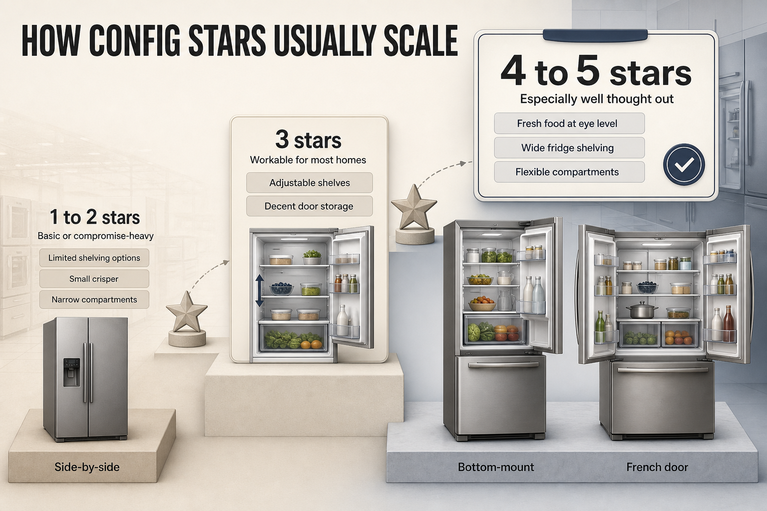 Config Rating vs Energy Label Two-column infographic with star icons, fridge layout labels, and a kWh marker comparing an official energy label with a retailer config rating