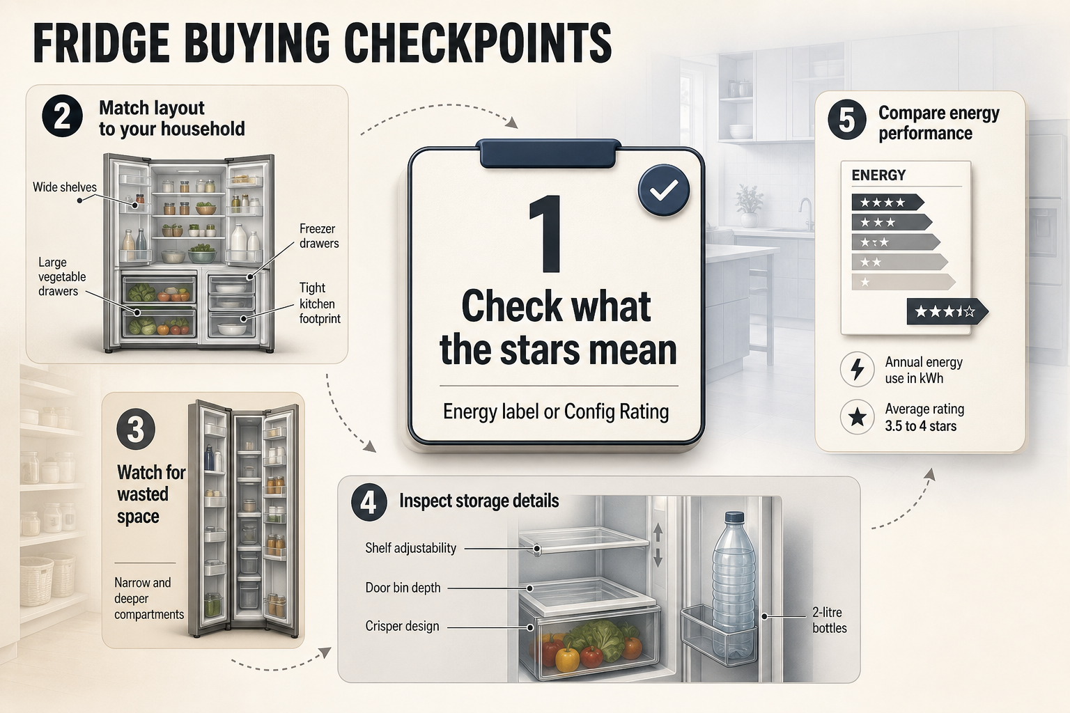 Fridge Buying Checkpoints Checklist-style infographic with five numbered cards covering star meaning, layout fit, wasted space, storage details, and energy use