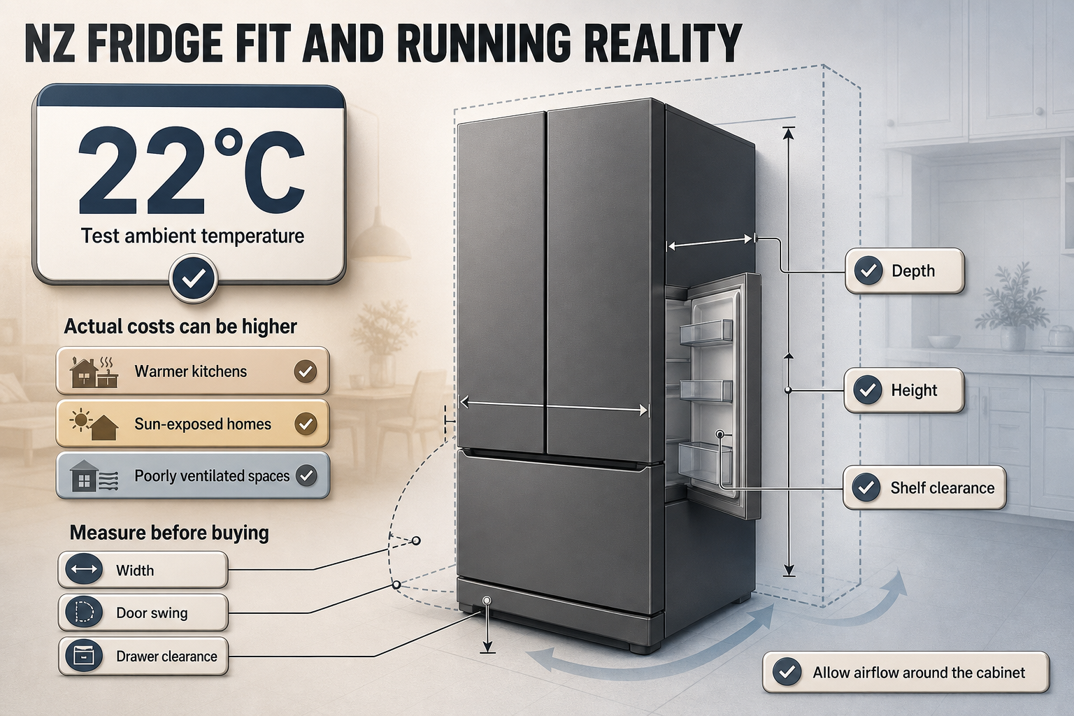 NZ Fridge Fit Reality Badge-based infographic showing a 22°C temperature marker, home condition icons, and measurement labels around a refrigerator outline