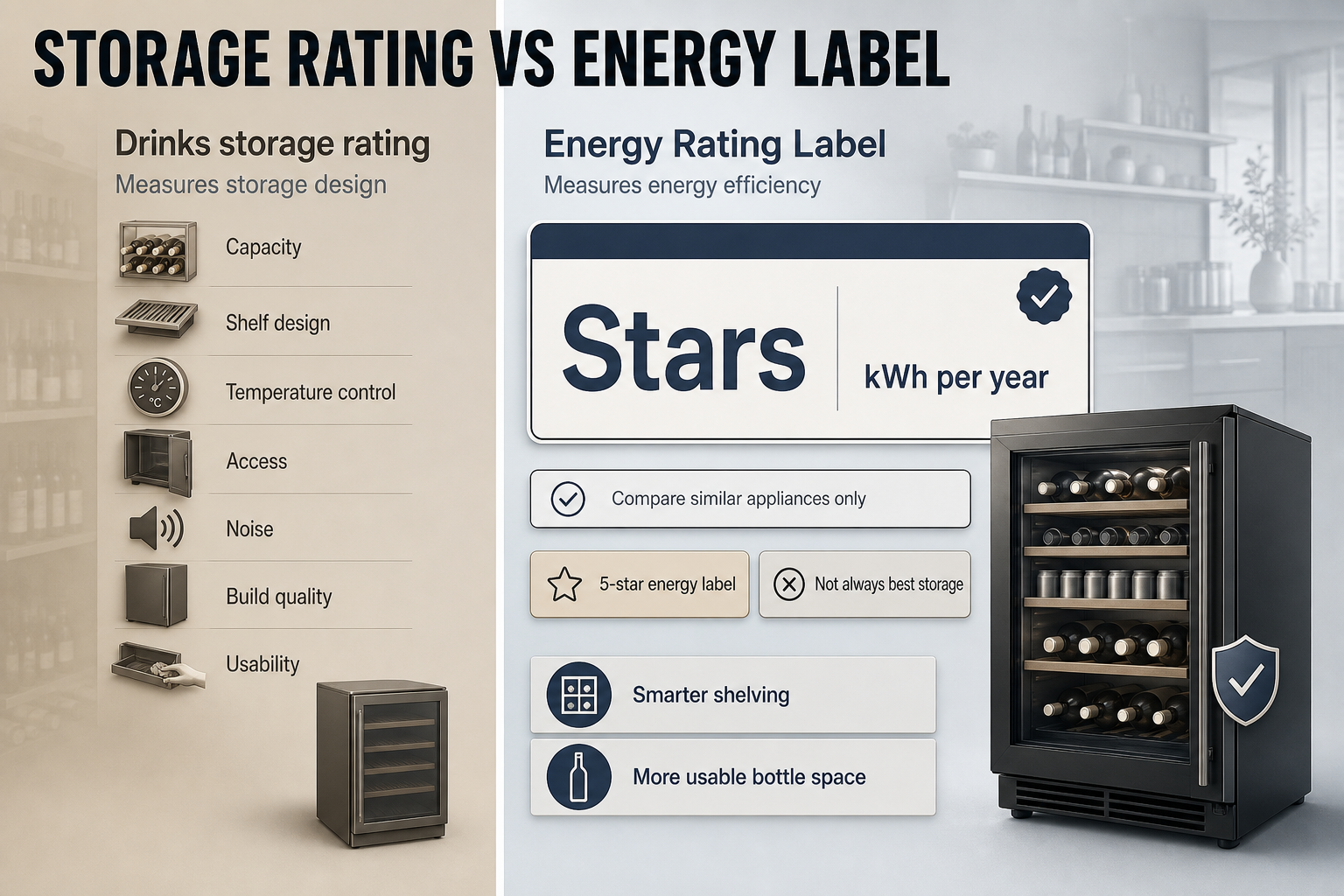 Storage Rating Versus Energy Label Two-column infographic with a drinks storage rating checklist on the left and an Energy Rating Label panel on the right with stars and kWh per year.