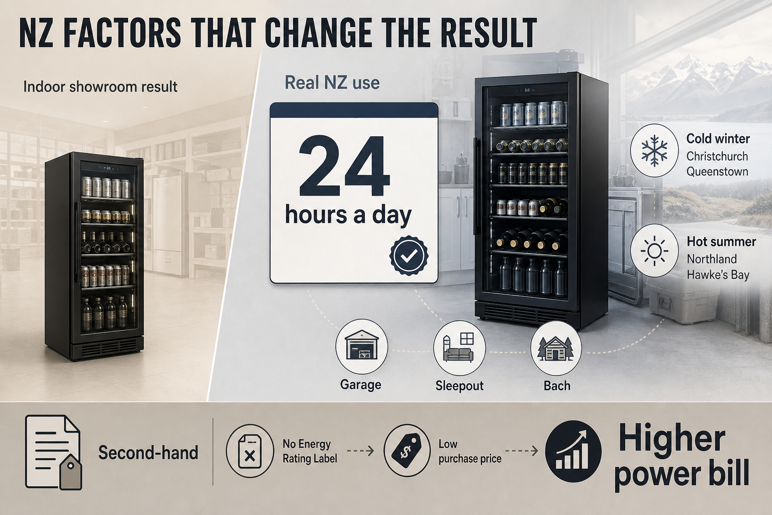 NZ Use Changes Appliance Performance Split-view infographic showing a showroom appliance on one side and New Zealand home conditions on the other with climate and second-hand callouts.