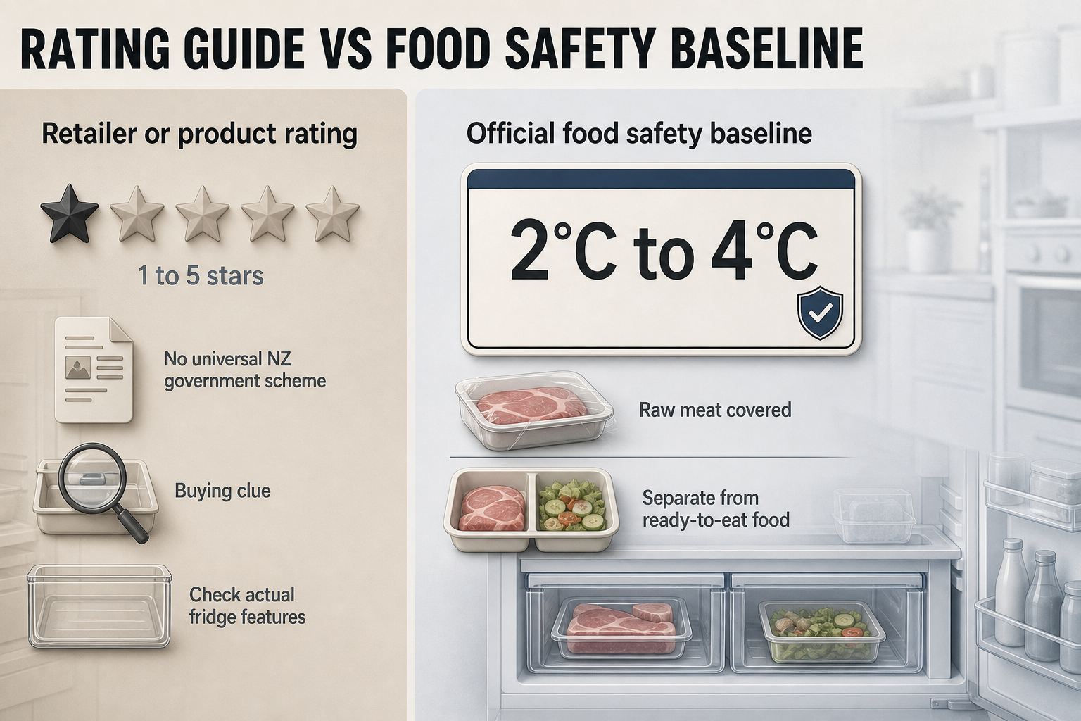 Rating guide and safety baseline Two-column infographic with star rating panel on one side and temperature guidance panel on the other, using icons, labels and a fridge drawer visual.
