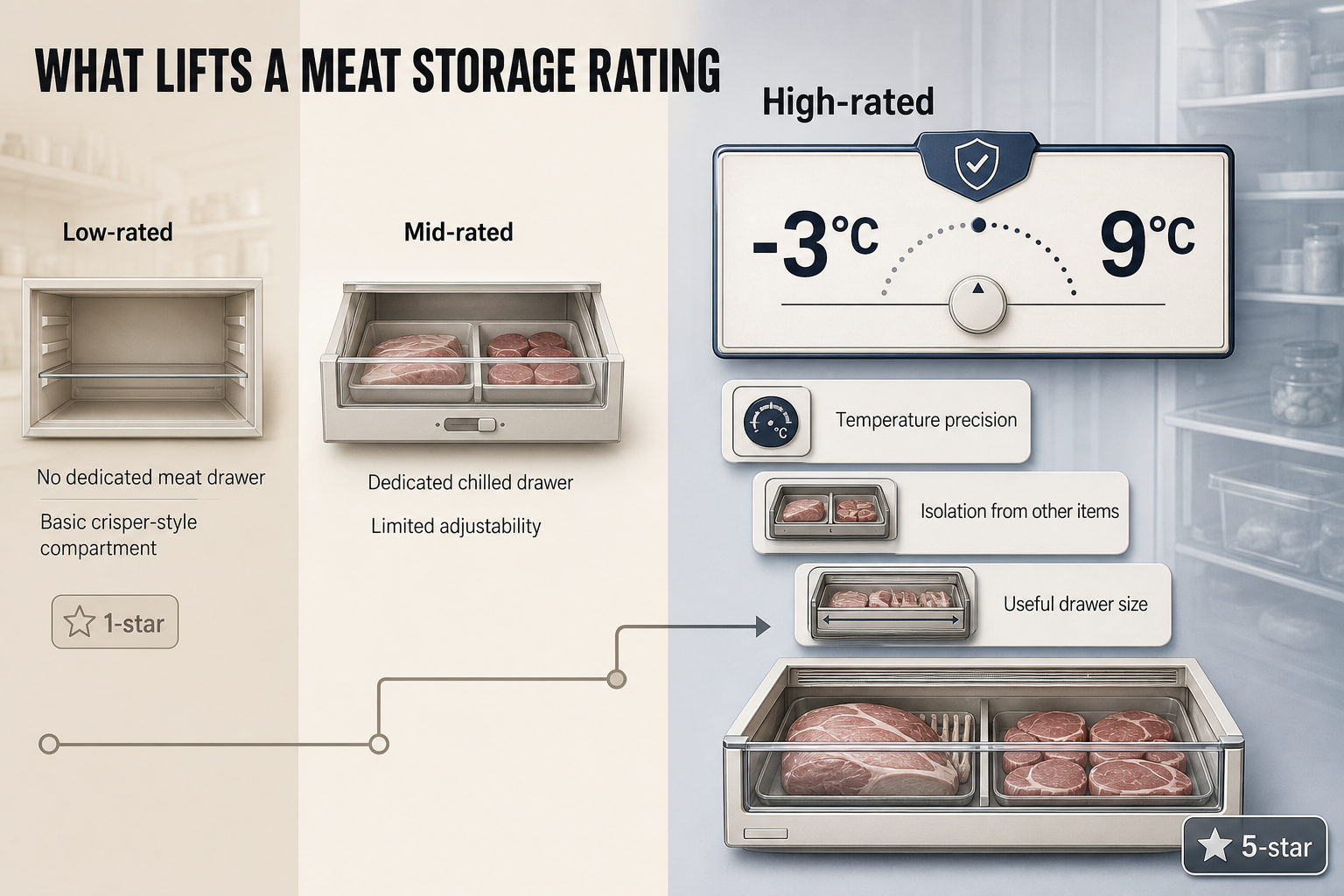 What lifts the rating Three-column comparison infographic showing low, mid and high fridge meat storage setups with drawer icons, temperature labels and feature notes.