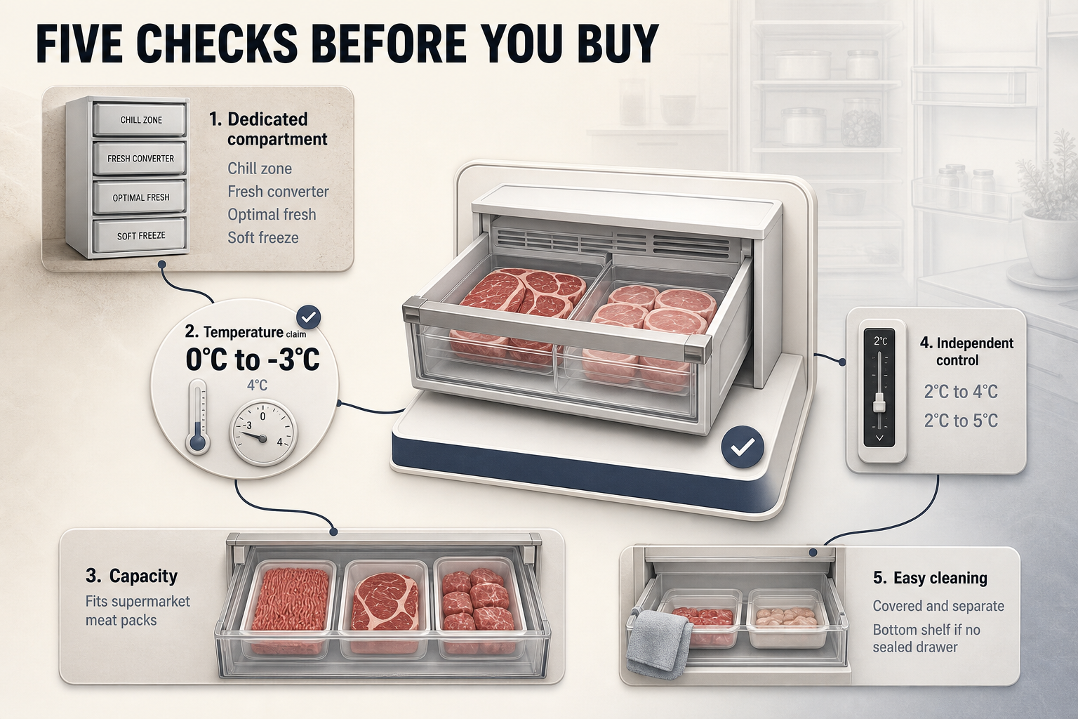 Five checks before buying Horizontal five-step buying checklist with icons for drawer type, temperature, capacity, controls and cleaning, linked by a simple flow line.