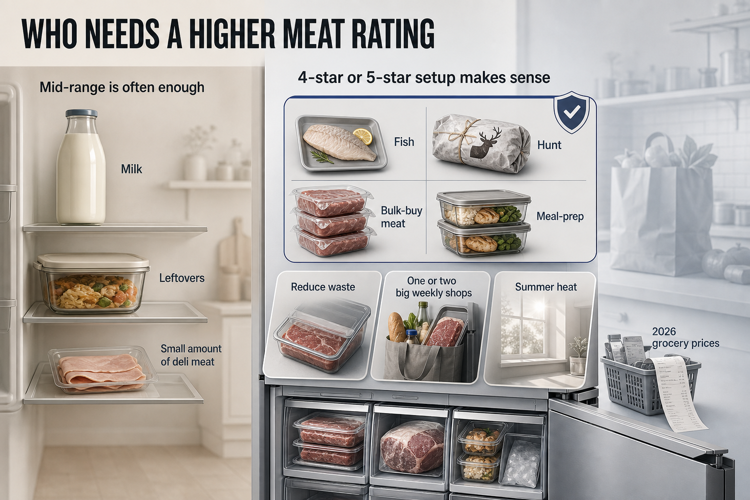 Who needs the higher rating Split-view infographic contrasting lighter household fridge use with bulk meat storage needs, using shopping, fish and meal prep icons.