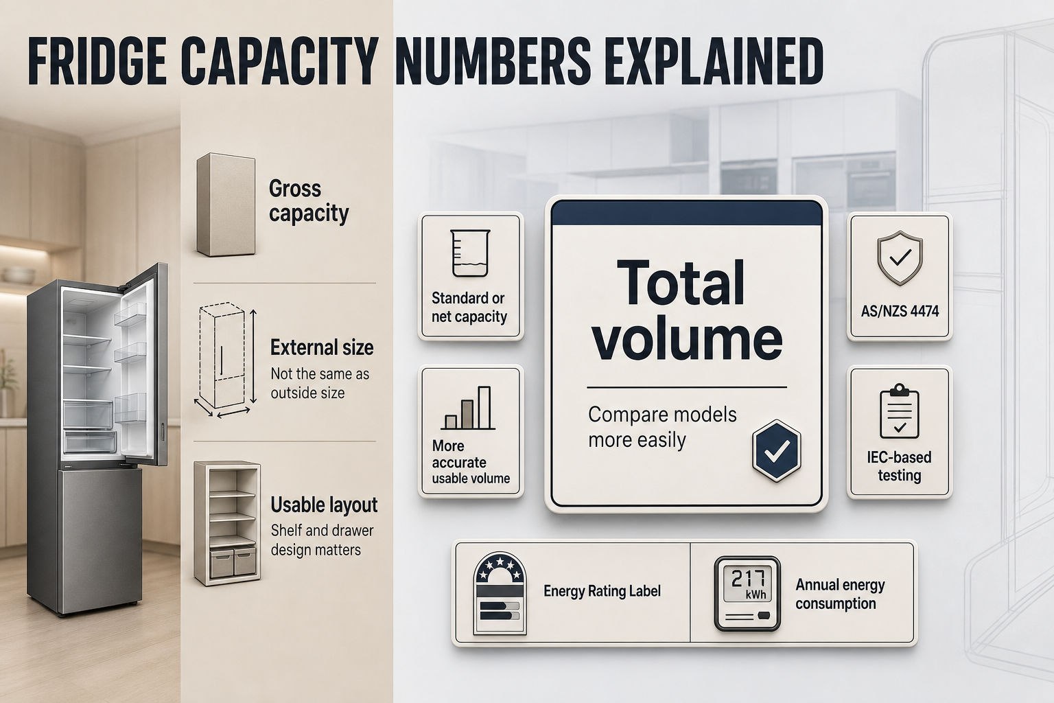Fridge Capacity Numbers Explained Two-column infographic with fridge label terms, capacity types, and comparison notes beside a simple fridge illustration and checklist labels