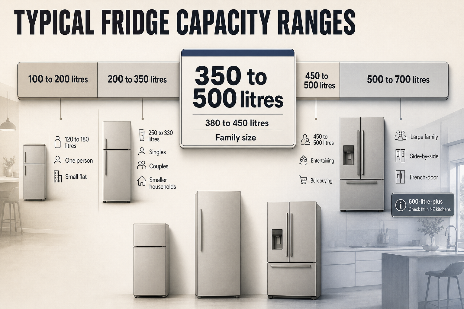 Typical Fridge Capacity Ranges Horizontal bar chart showing four fridge capacity bands in litres with household labels from one person to large family use