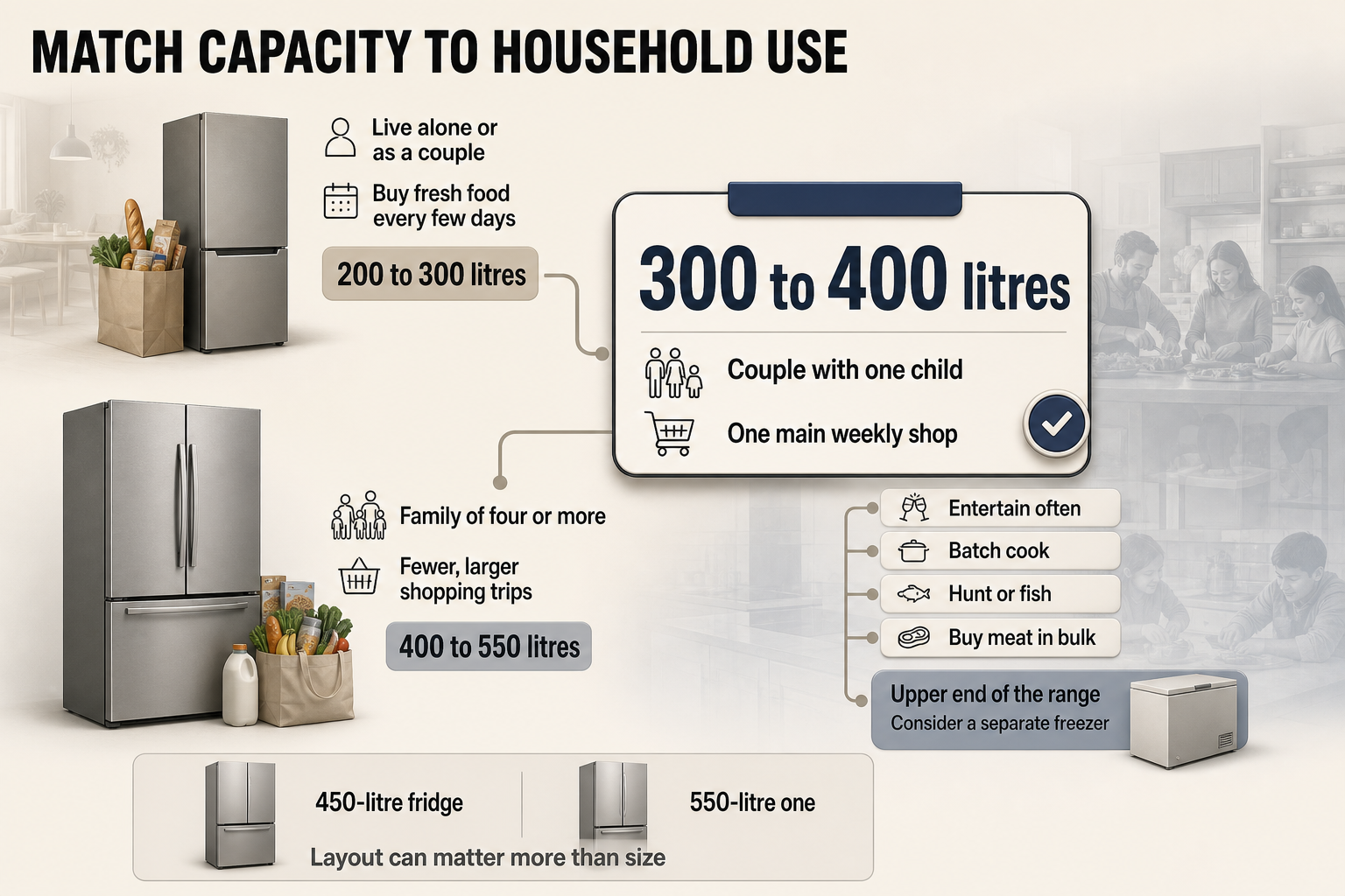 Match Capacity to Household Use Step-by-step flow infographic with household types, shopping habits, and recommended fridge capacity ranges linked by arrows