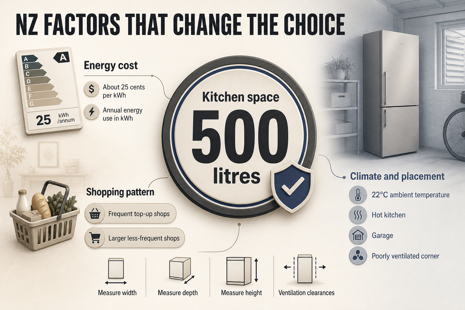 NZ Fridge Buying Factors Badge-style infographic with four NZ fridge buying factors, including energy cost, kitchen measurements, shopping pattern, and placement temperature