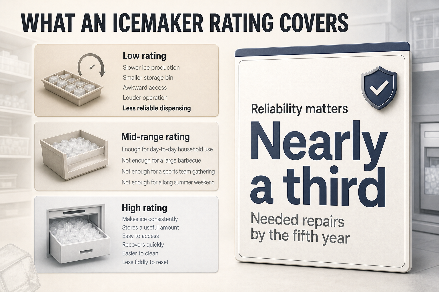 What Icemaker Ratings Really Cover Editorial infographic with three rating badges for low, mid-range, and high icemaker performance plus a repair statistic callout card