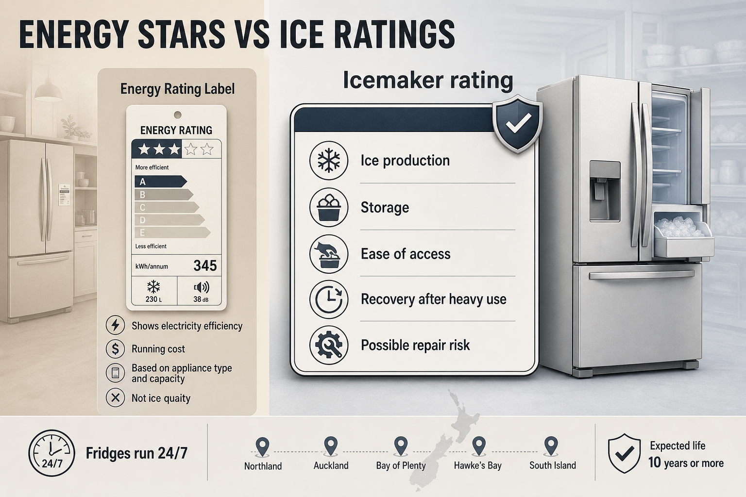 Energy Labels Vs Ice Ratings Asymmetric split-view infographic comparing an energy label panel with an icemaker rating panel, plus NZ region and lifespan callouts