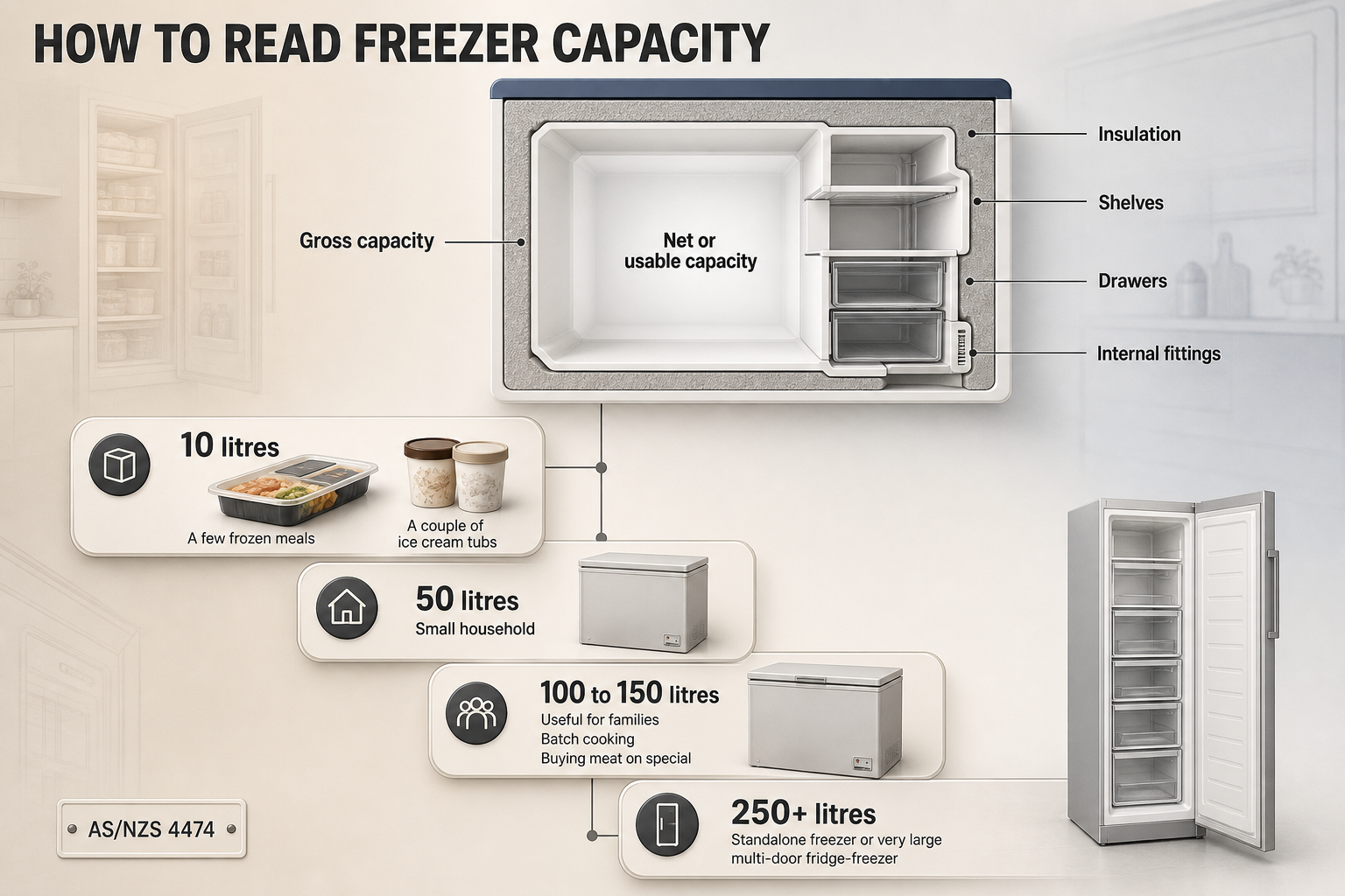 How freezer litres translate Flow infographic showing gross versus net freezer capacity, then a litre scale with 10L, 50L, 100 to 150L, and 250+L use examples