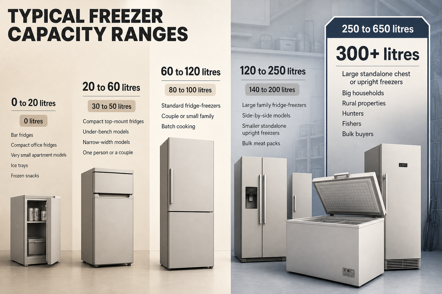 Freezer size range guide Five-column range chart showing freezer capacity bands from 0 to 20 litres up to 250 to 650 litres with appliance examples