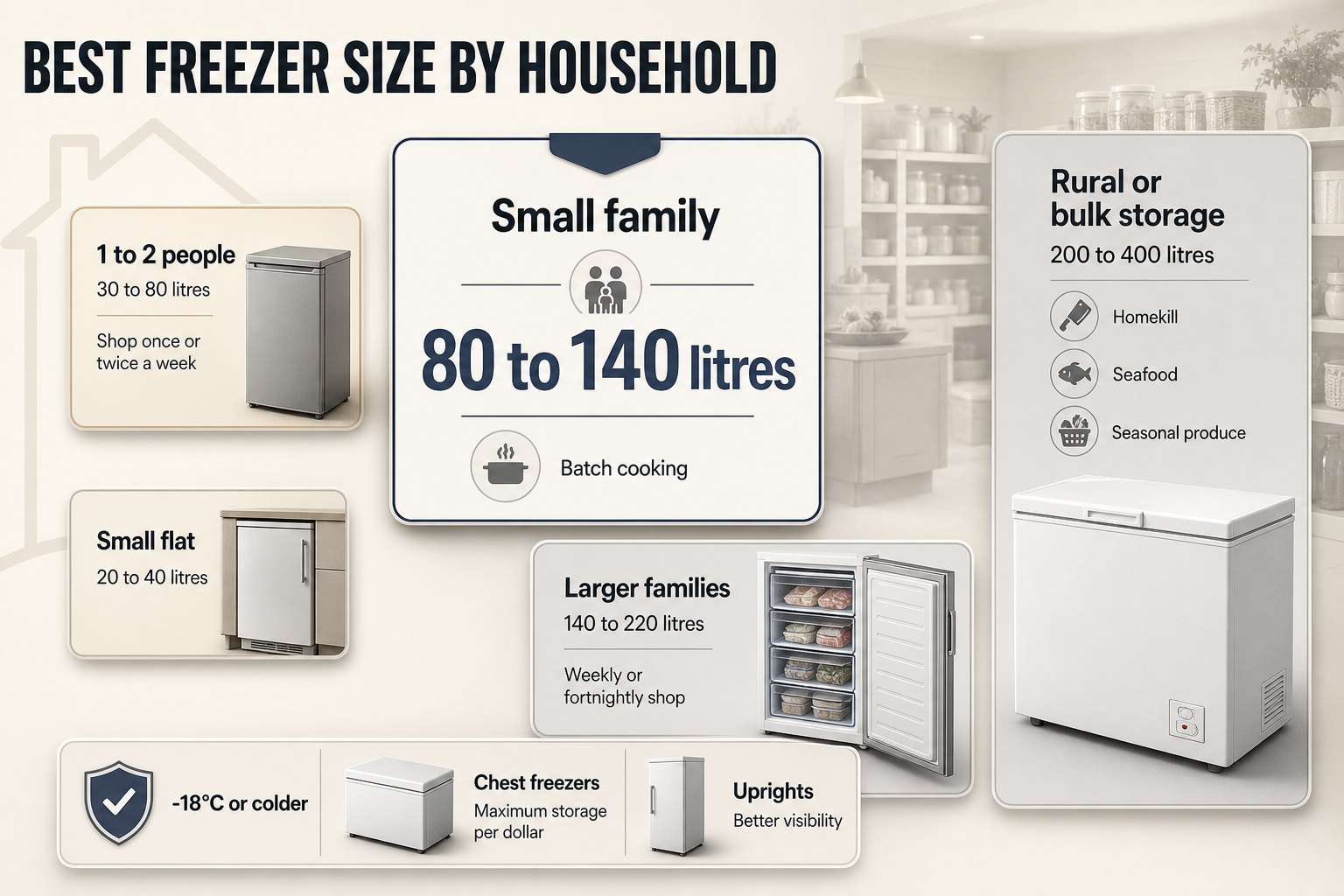 Freezer size by household Set of household size cards showing recommended freezer litre ranges, shopping patterns, and a small temperature badge at -18°C