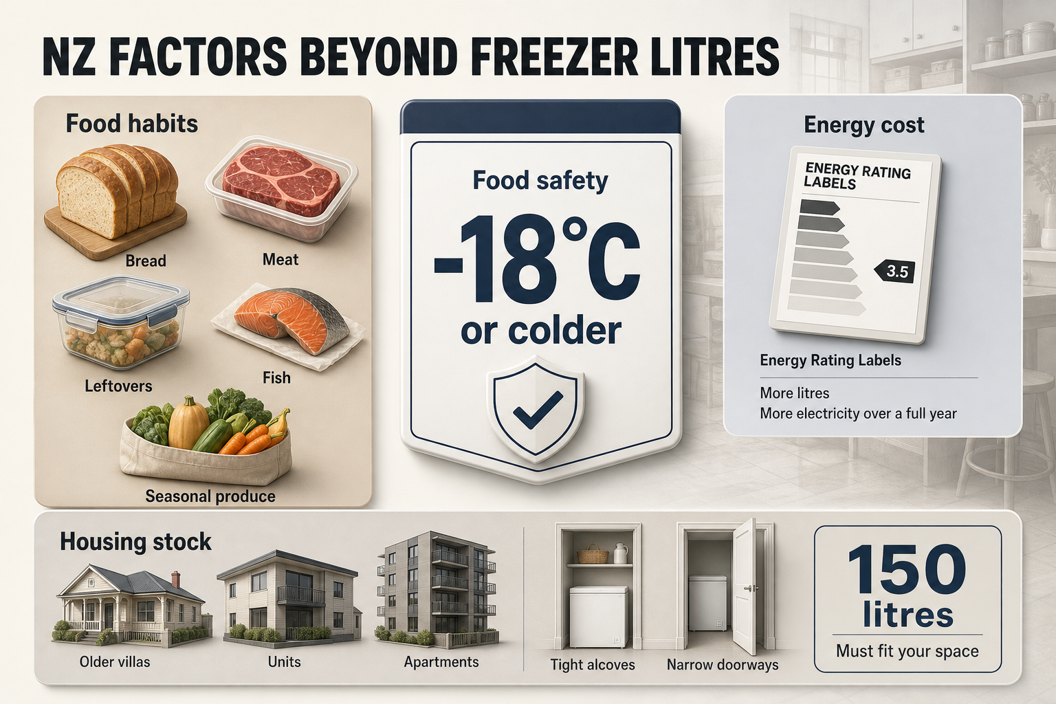 NZ freezer buying factors Four badge-style panels showing food habits, -18°C food safety, energy labels, and tight kitchen space constraints in New Zealand homes