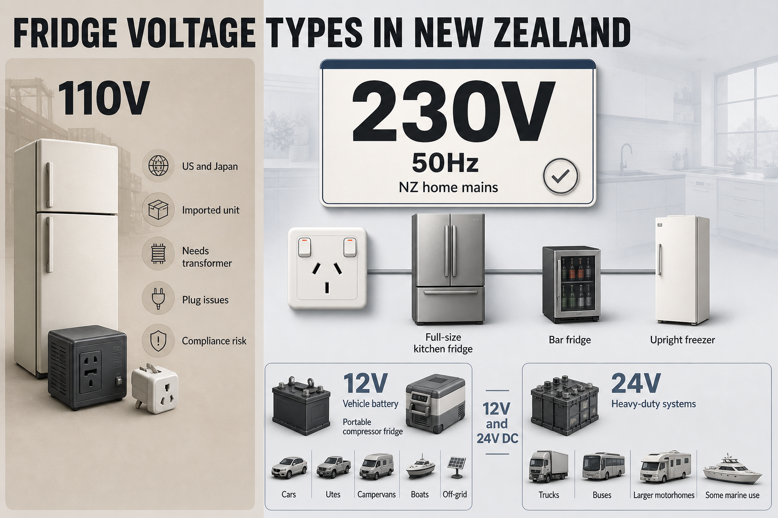 Fridge Voltage Types Explained Four-column infographic showing 230V, 110V, 12V and 24V fridge types with icons for home, import, vehicle and truck use