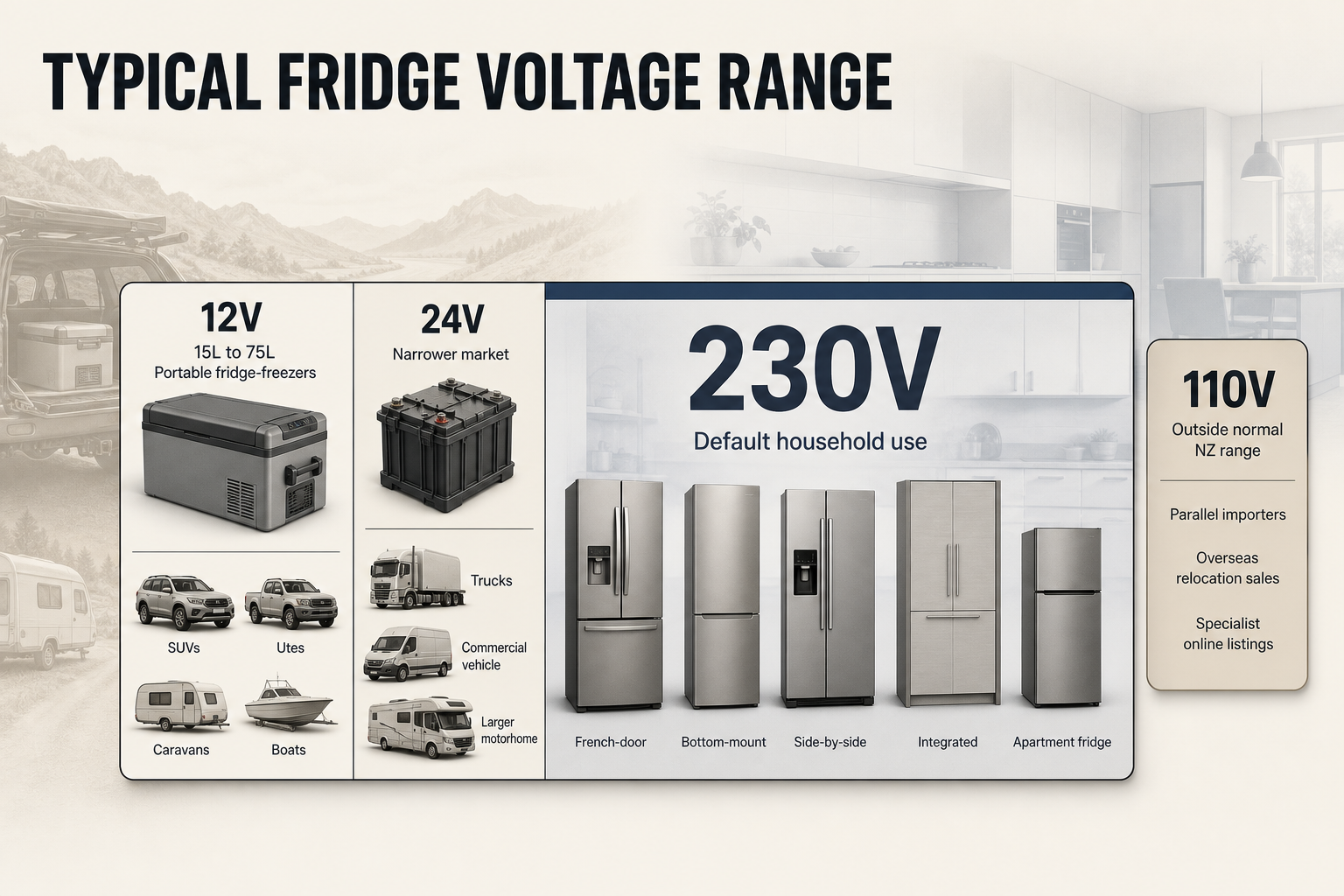 Typical Voltage Range Guide Horizontal range chart showing 12V portable fridges, 24V commercial setups, 230V household models and 110V imports outside NZ norm