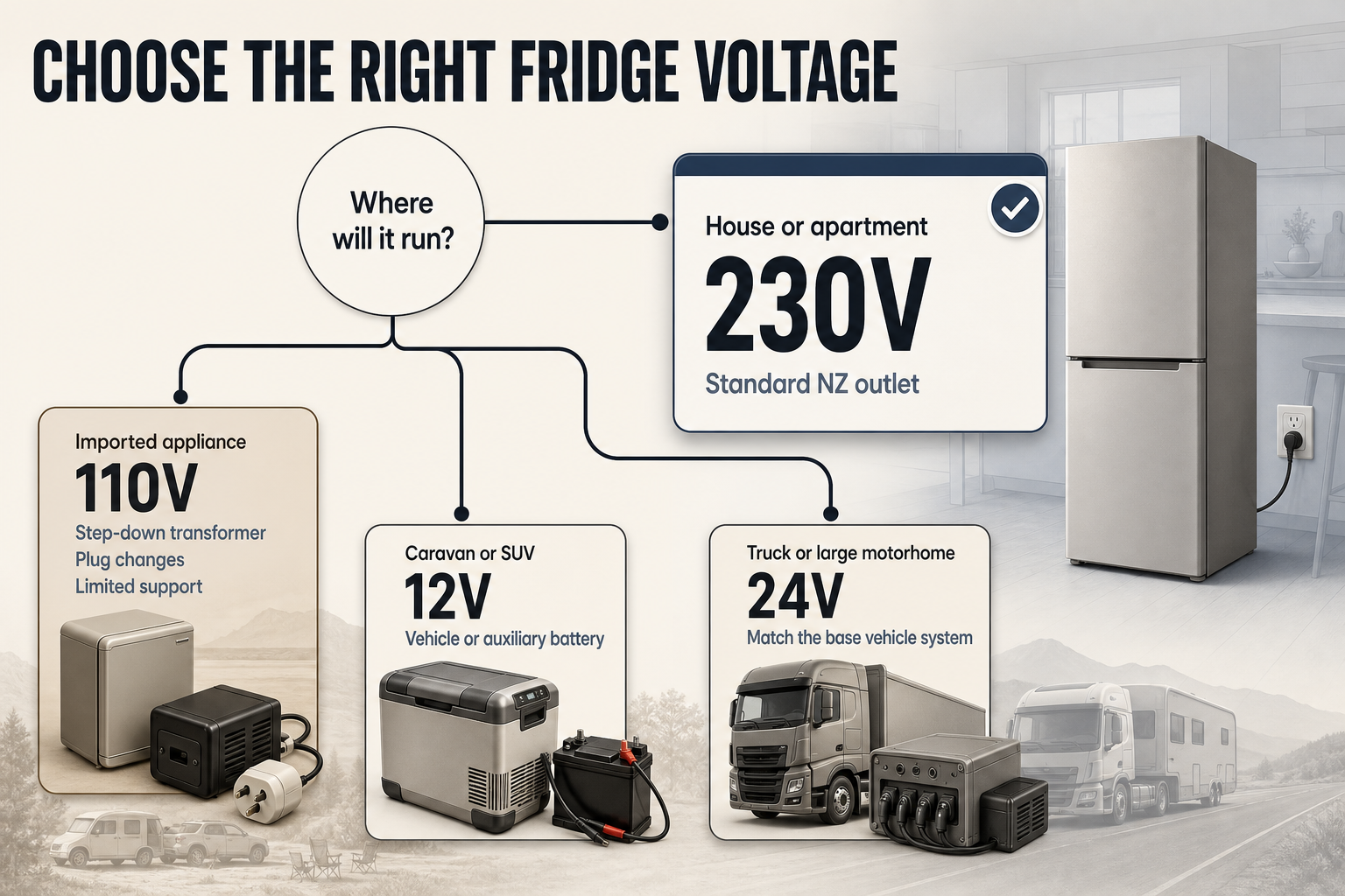 Which Fridge Voltage Fits Decision flow infographic with four branches for house, caravan, truck and imported appliance, each matched to a fridge voltage