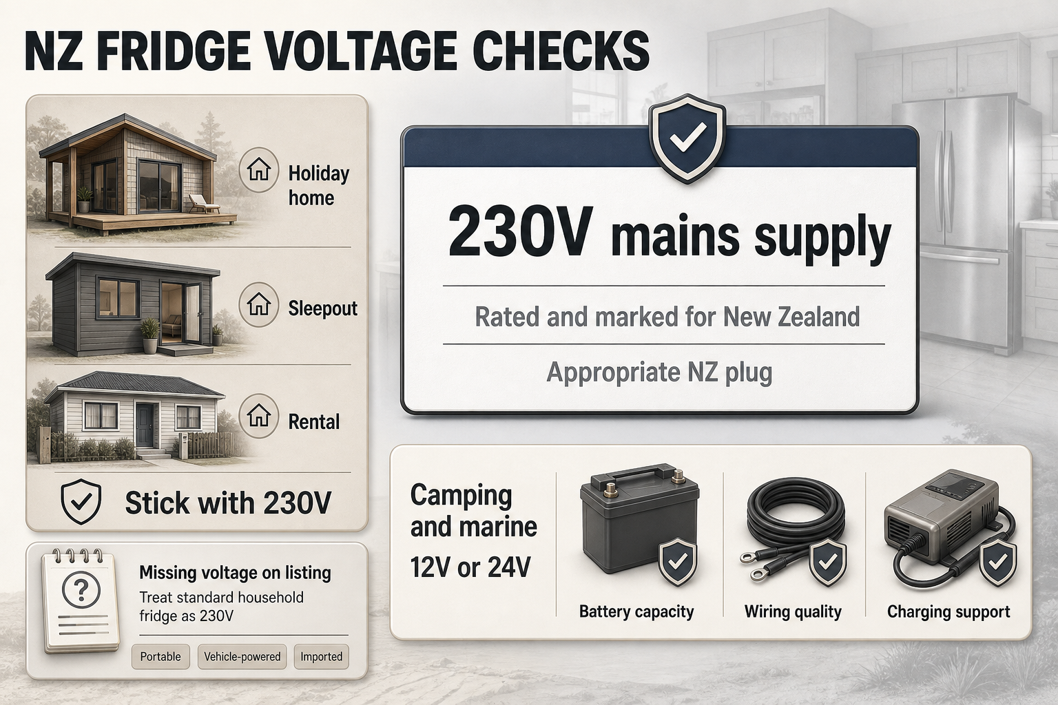NZ Voltage Buying Checks Checklist-style infographic with NZ compliance card, home icons and battery system notes for 230V, 12V and 24V fridge buying