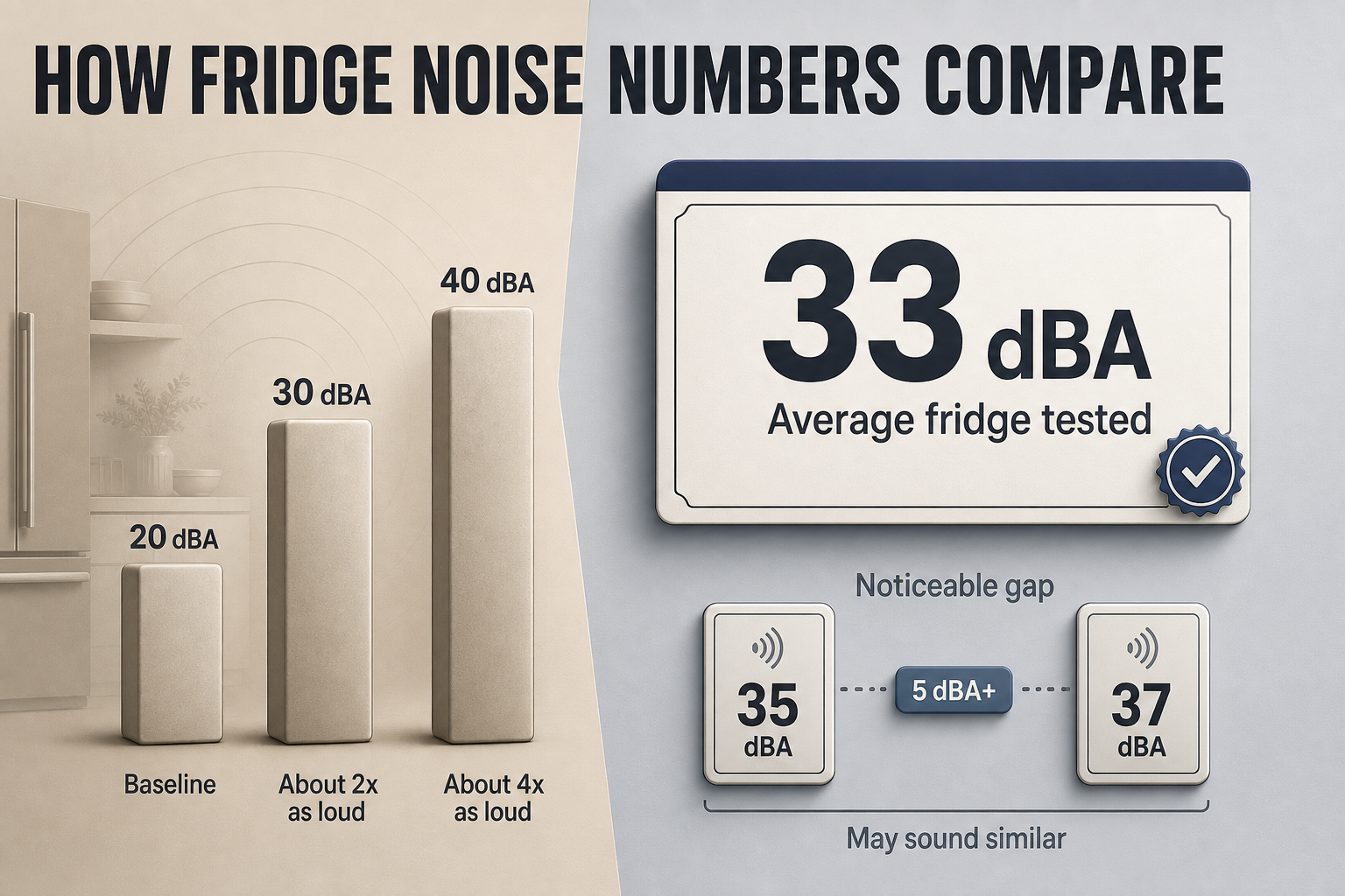 How Fridge Noise Numbers Compare Comparison infographic with three dBA columns, loudness notes, an average 33 dBA badge, and a small 35 versus 37 dBA callout.