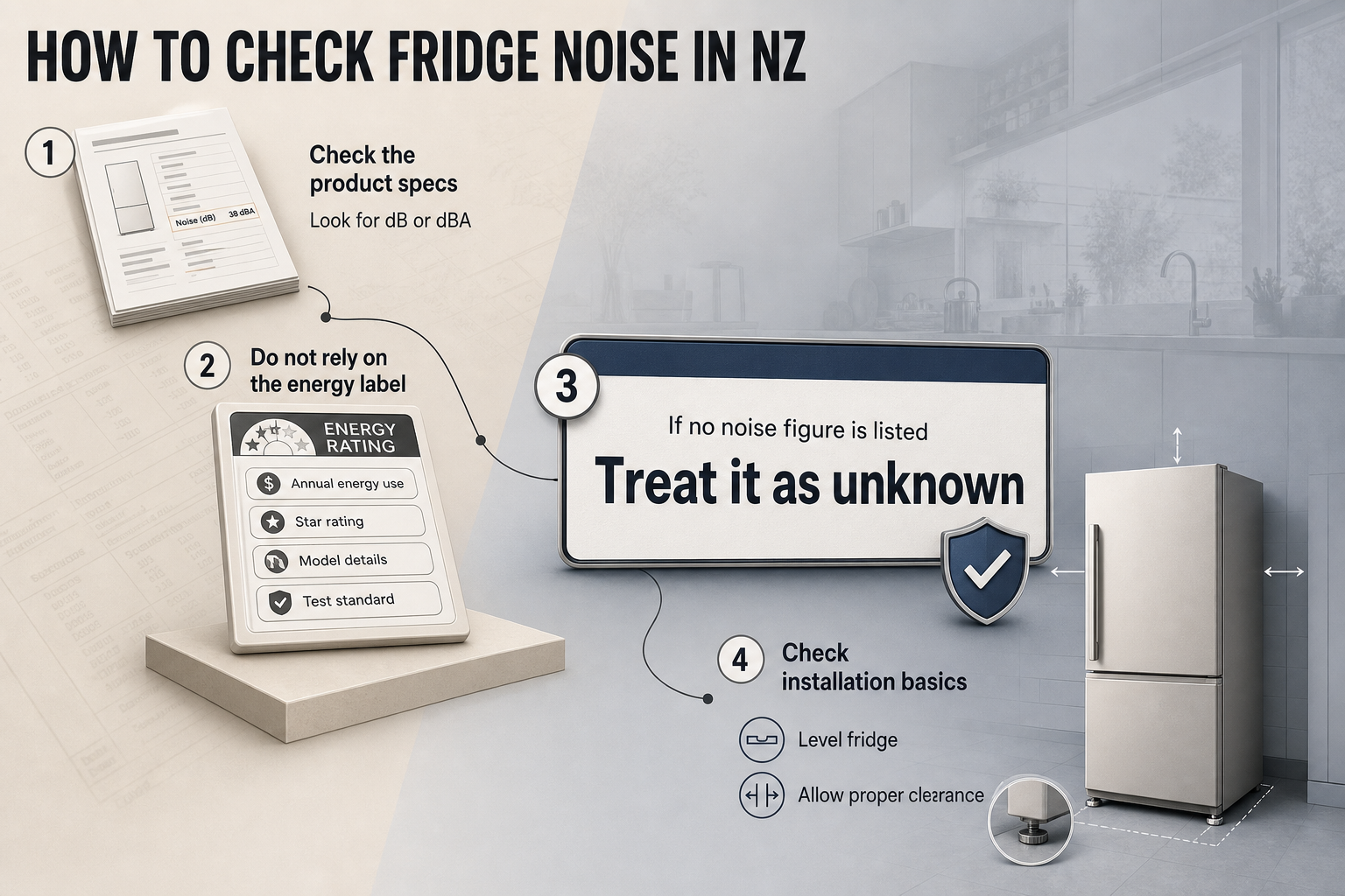 How To Check Fridge Noise Four-step flow diagram showing product specs, energy label items, unknown noise status, and installation checks with simple icons.