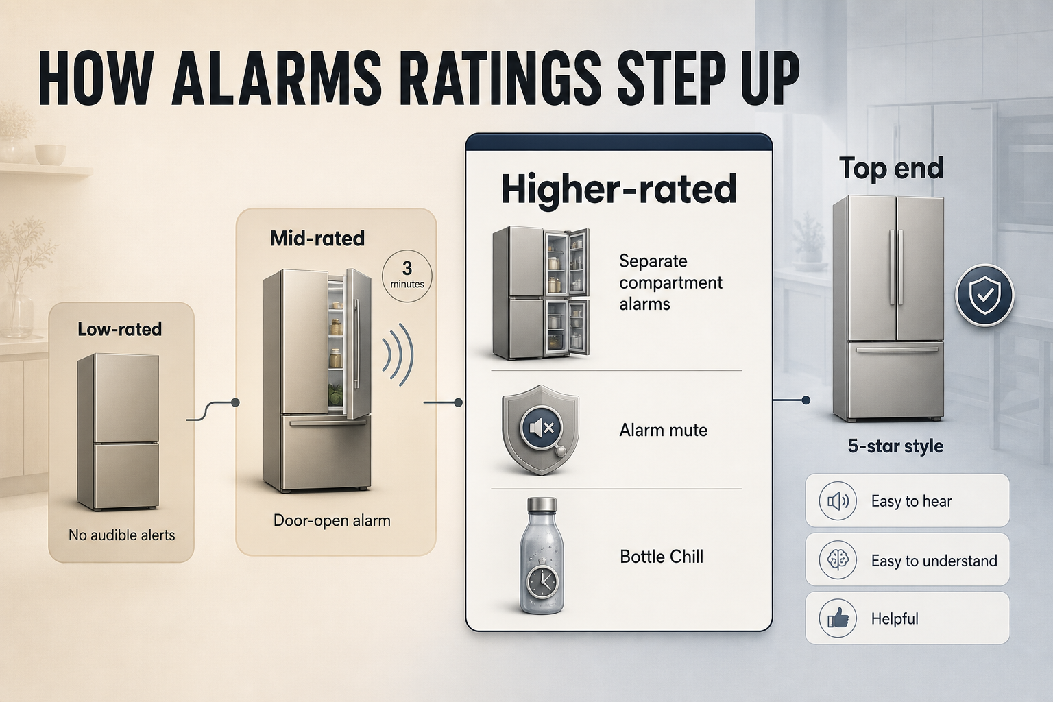 How fridge alarms improve Horizontal step-by-step infographic with four rating stages, simple fridge icons, feature labels, and a highlighted 3 minutes timing marker