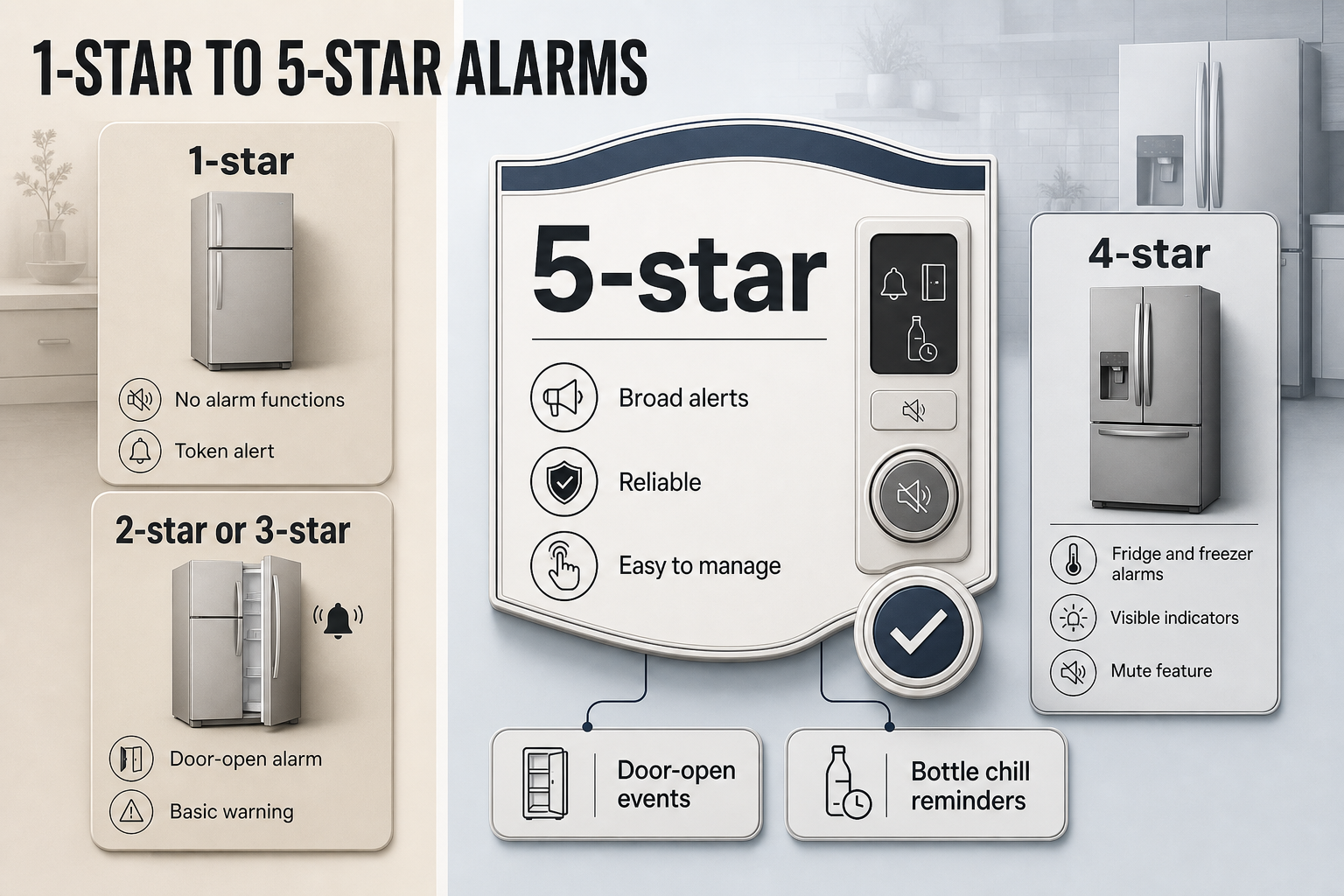 Fridge alarms star comparison Four vertical comparison columns from 1-star to 5-star, each showing fridge alarm features with icons and short labels