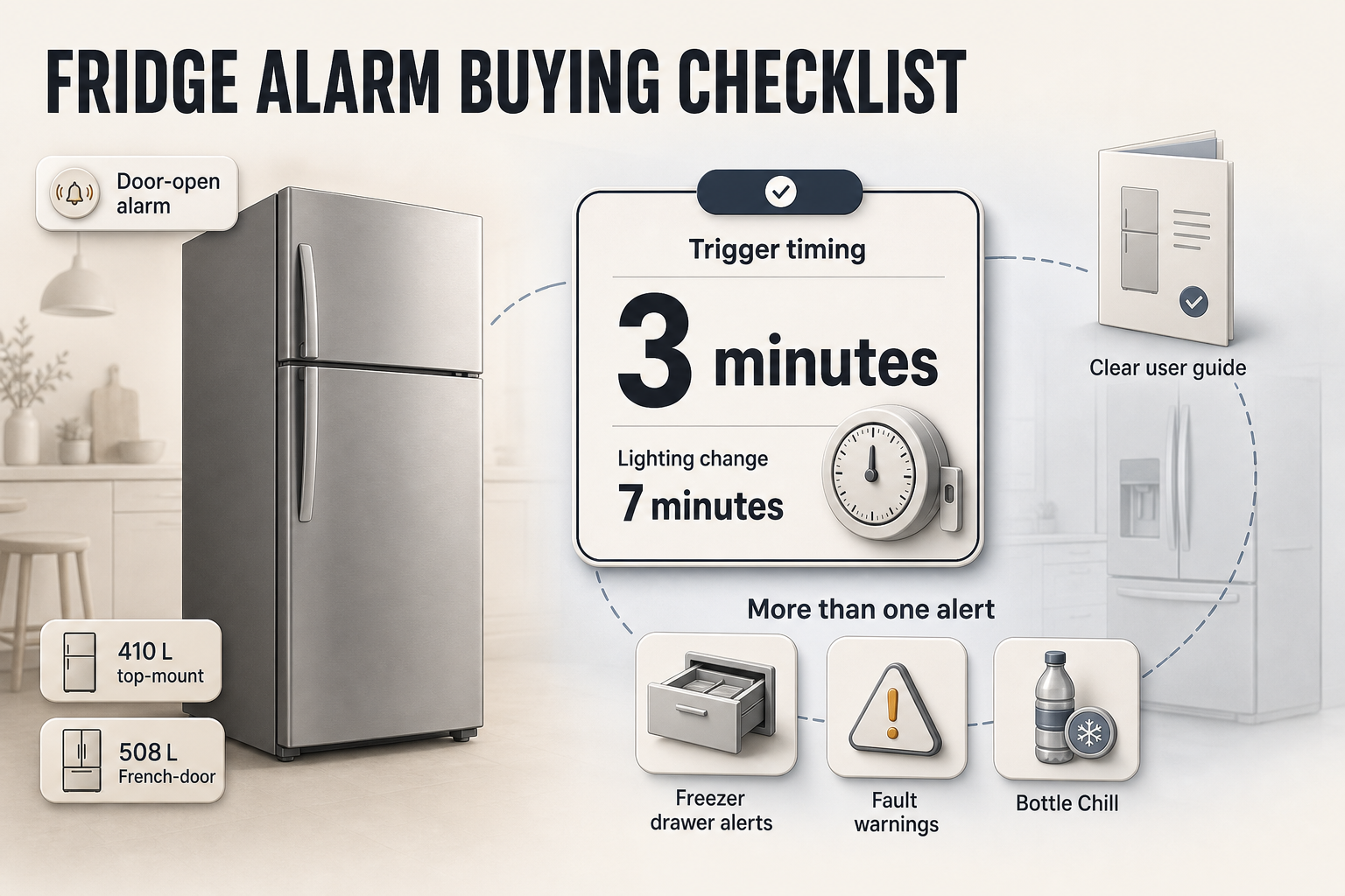 What to check first Checklist-style infographic with badge icons for door alarm, timing, extra alerts, and manuals, plus 410 L, 508 L, 3 minutes, and 7 minutes callouts