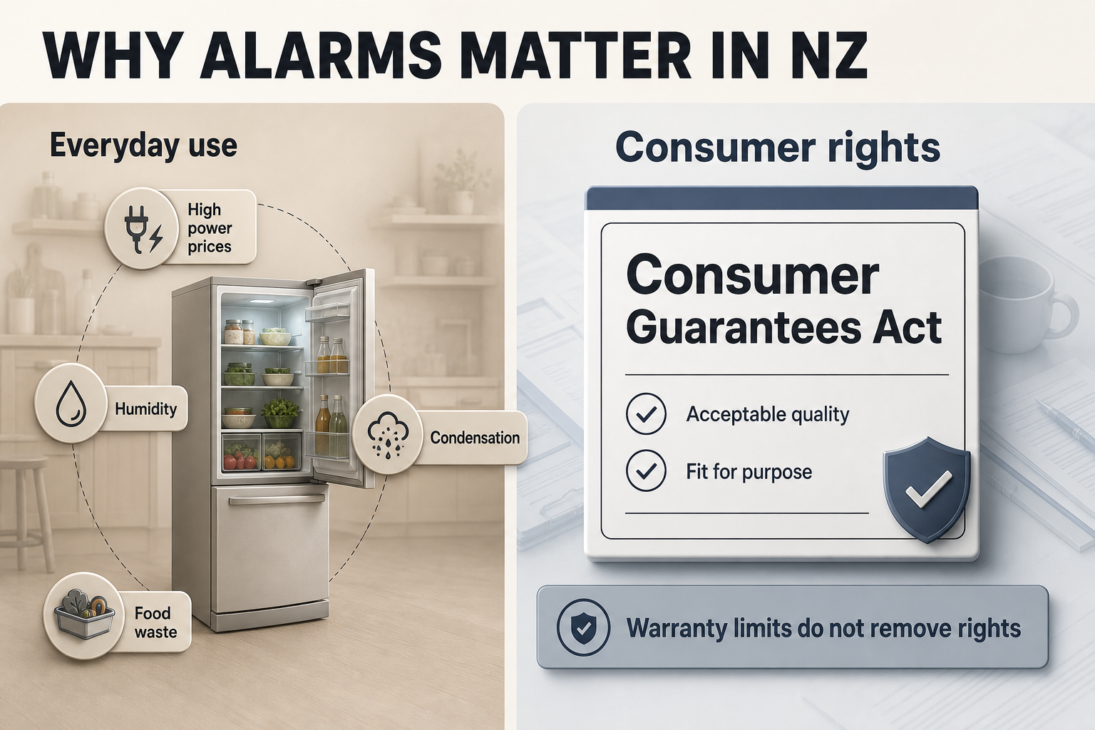 NZ reasons alarms matter Split-view infographic with a household cost side and a consumer rights side, using icons for power, moisture, food, and legal protection