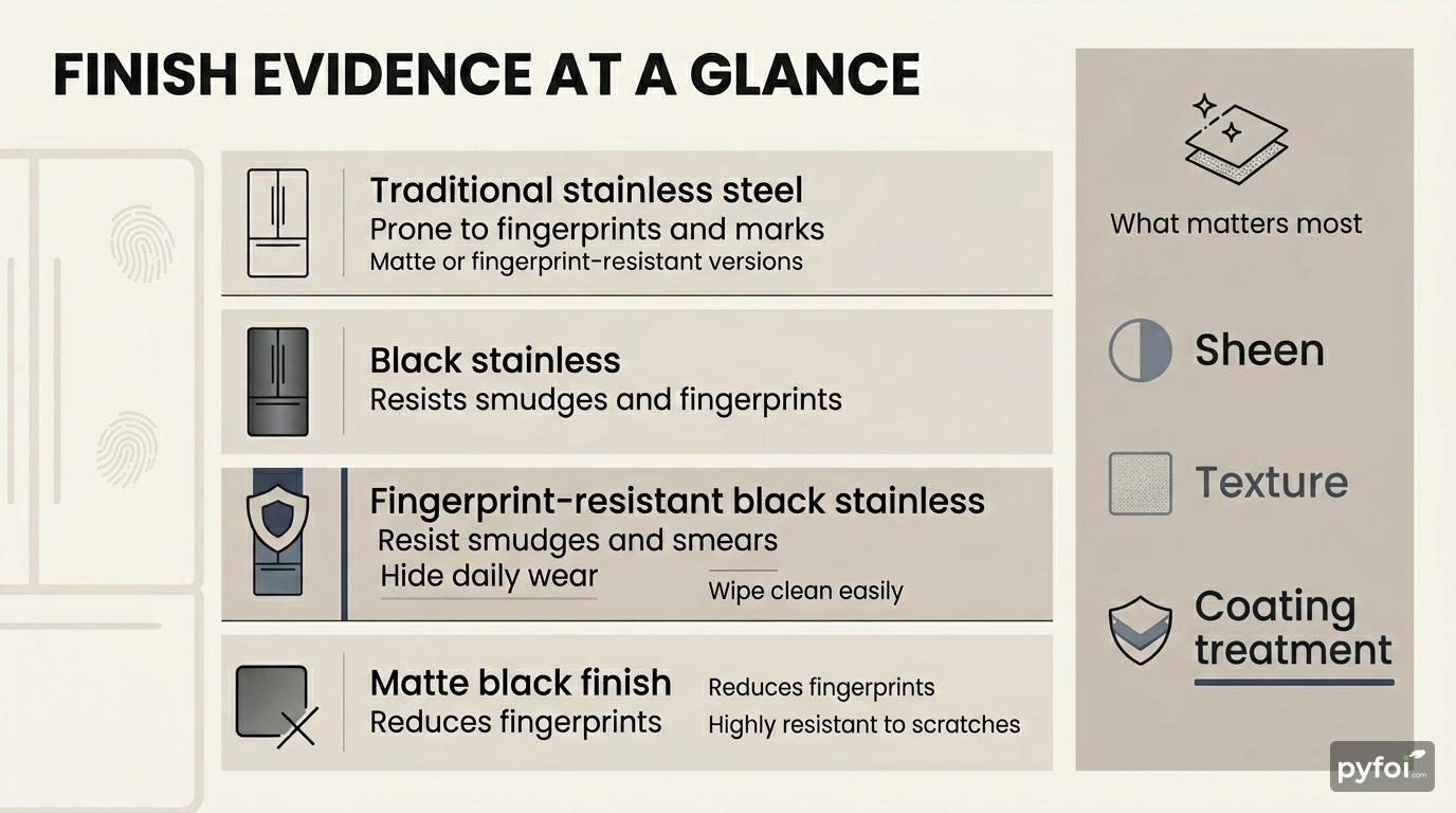 Two-column comparison infographic with fridge finish types, short evidence notes, and a small callout listing sheen, texture, and coating treatment.