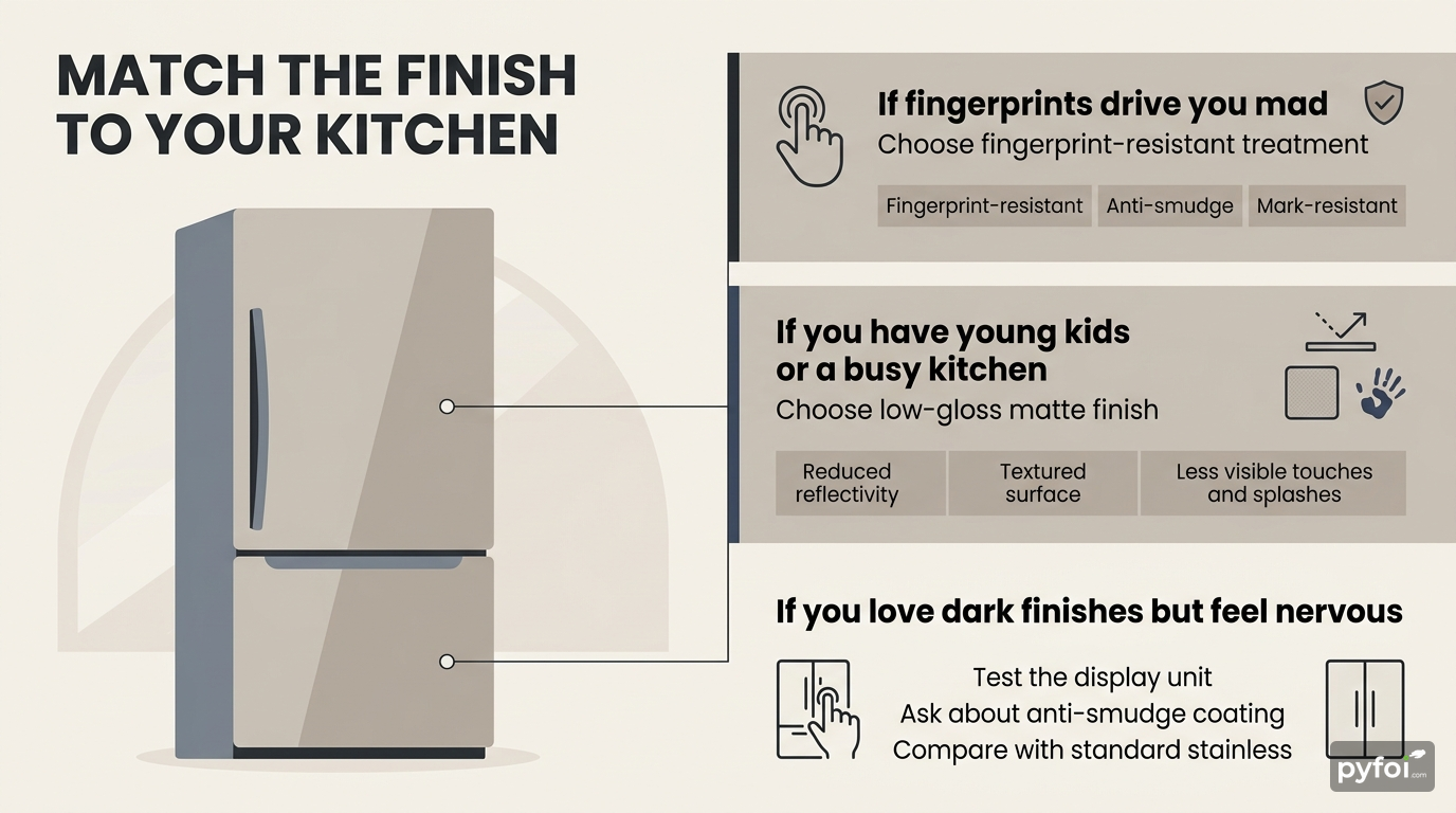 Split-view infographic with three household scenarios in stacked panels, each paired with a recommended fridge finish feature and short labels.