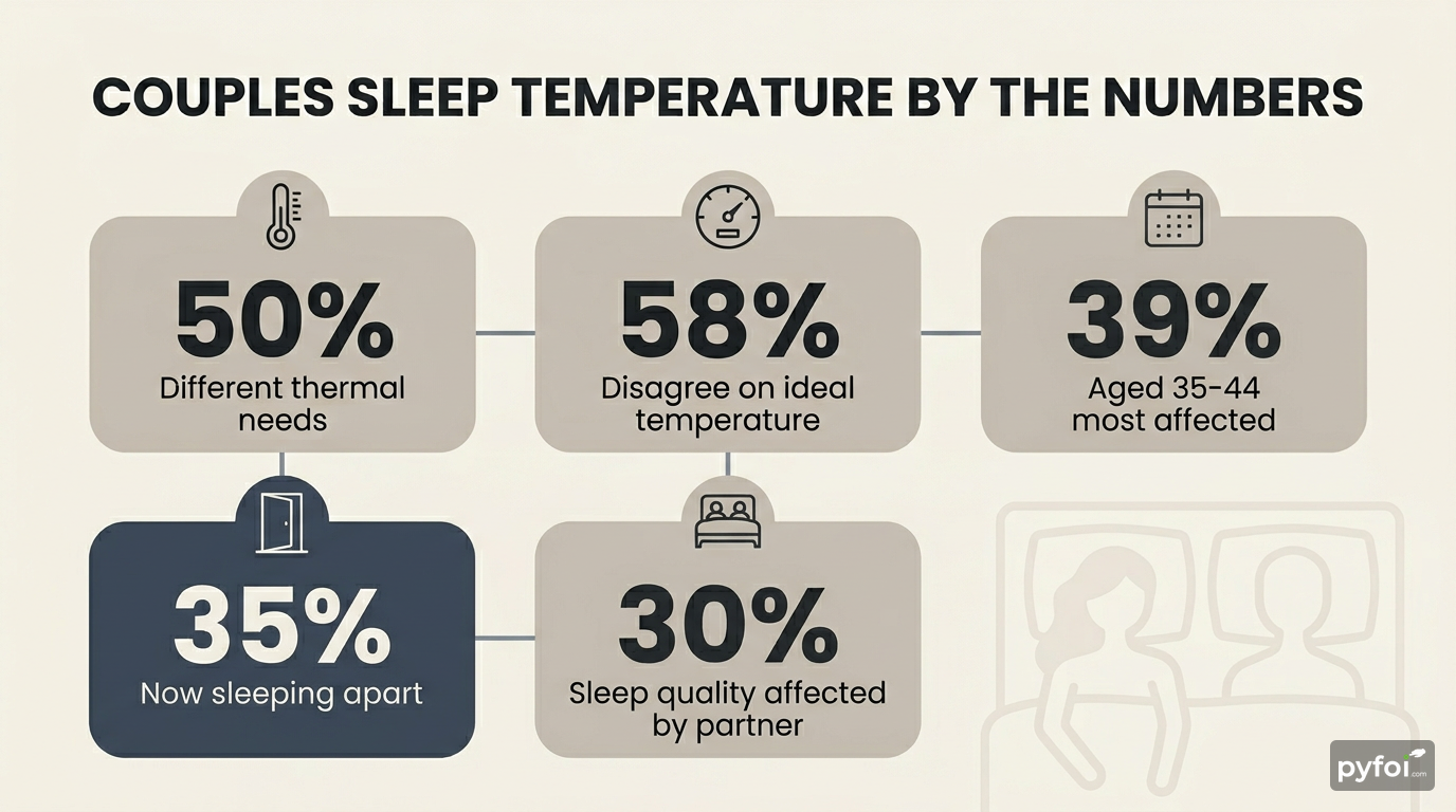 Five stat badges in a grid showing percentages for couples thermal disagreement, partner sleep influence, and sleep divorce rates