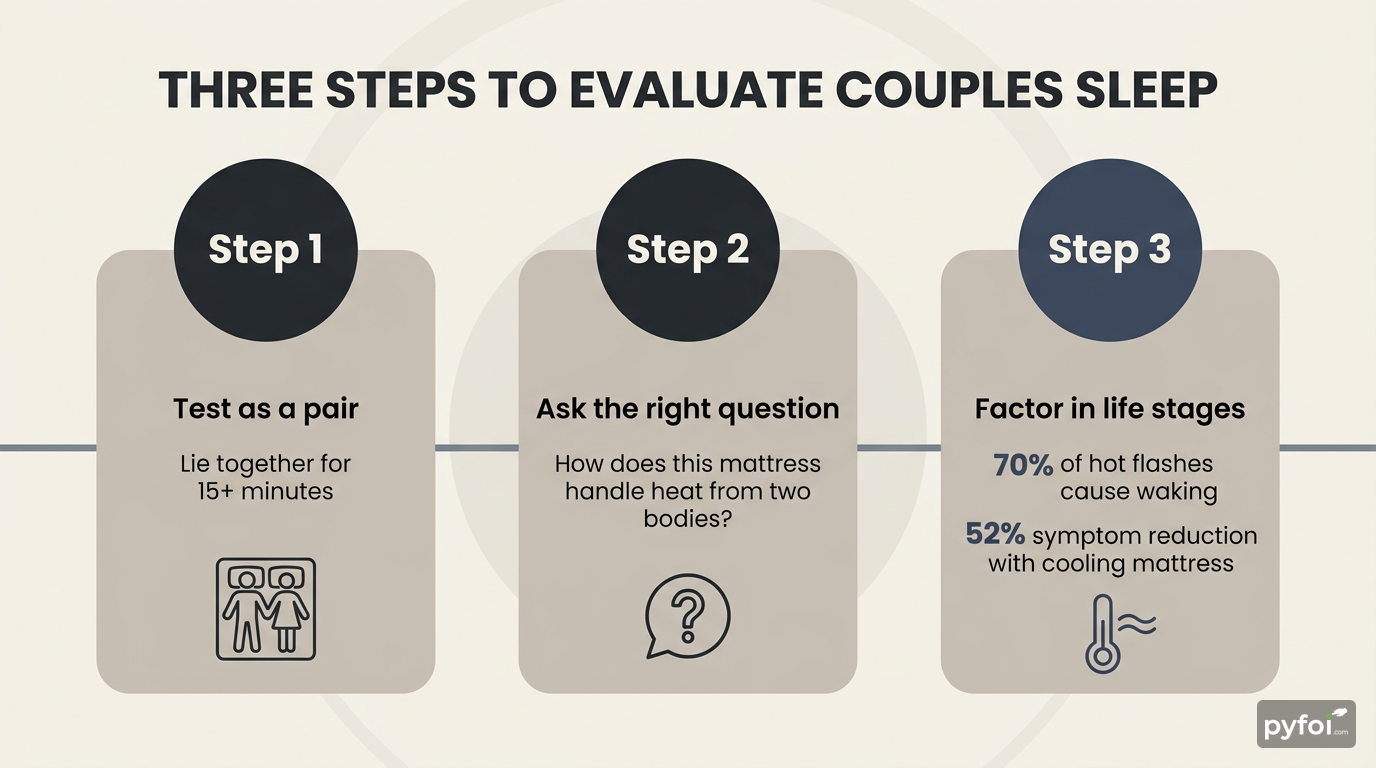 Three-step process flow diagram with numbered steps for evaluating mattress thermal performance as a couple