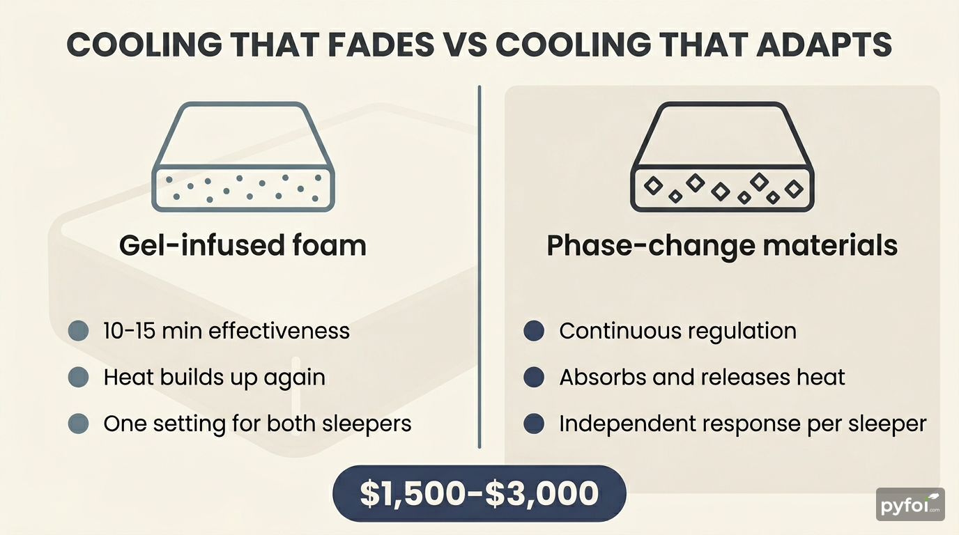 Two-column comparison infographic contrasting gel-infused foam cooling duration against phase-change material continuous thermal regulation