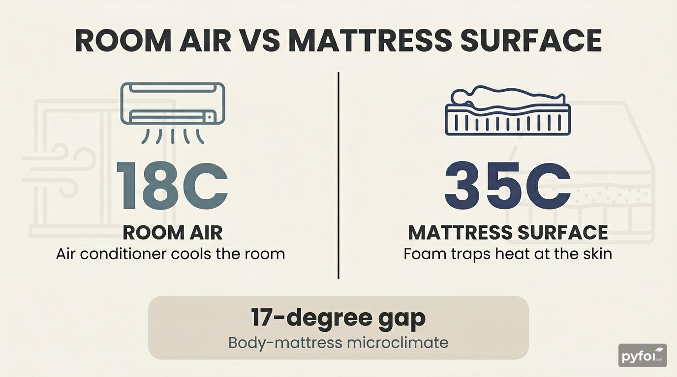 Split-view infographic comparing room air temperature at 18 degrees Celsius on one side with mattress surface temperature at 35 degrees Celsius on the other