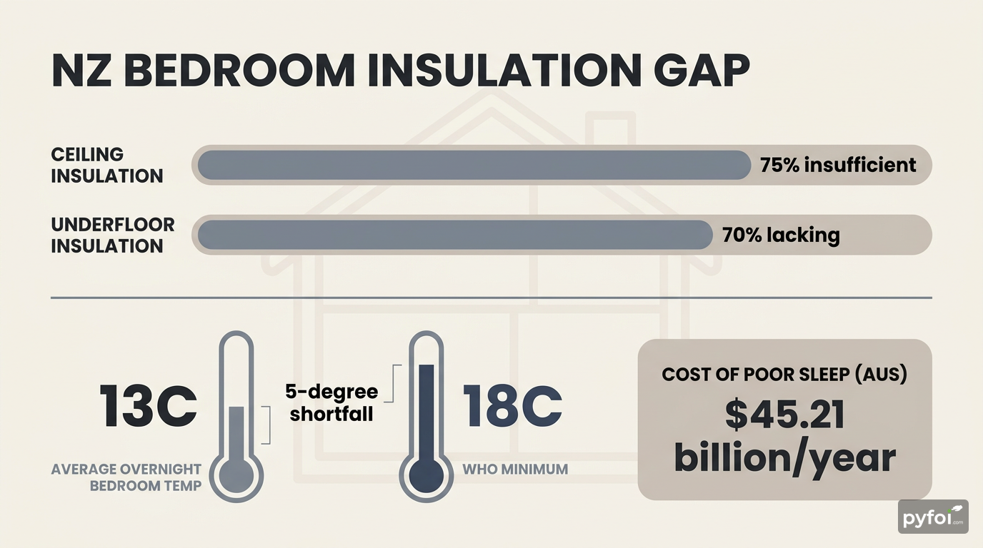 Data bar infographic showing 75% of NZ homes with insufficient ceiling insulation, 70% lacking underfloor insulation, and overnight bedroom temperature at 13 degrees versus WHO minimum of 18 degrees
