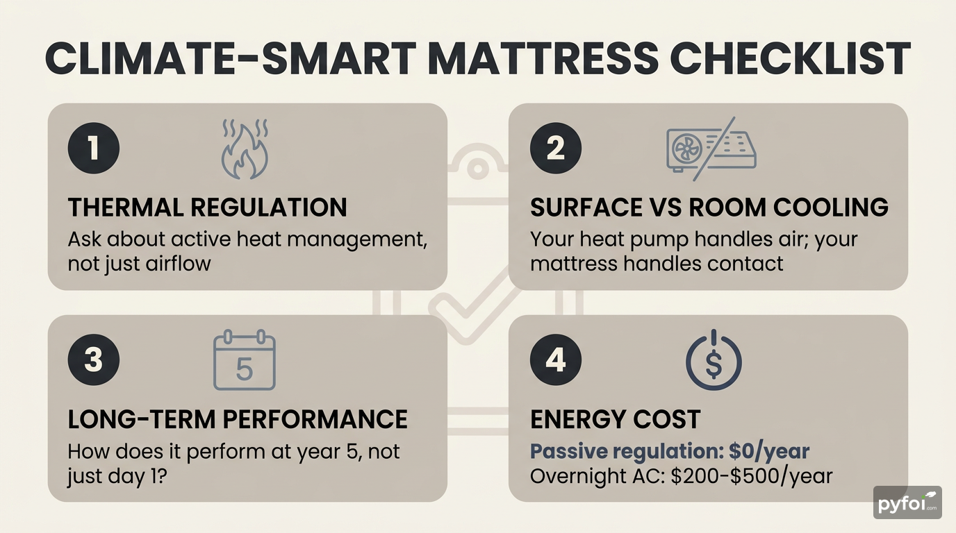 Four-item info card checklist covering thermal regulation, surface versus room cooling, long-term performance, and energy cost comparison for mattress evaluation