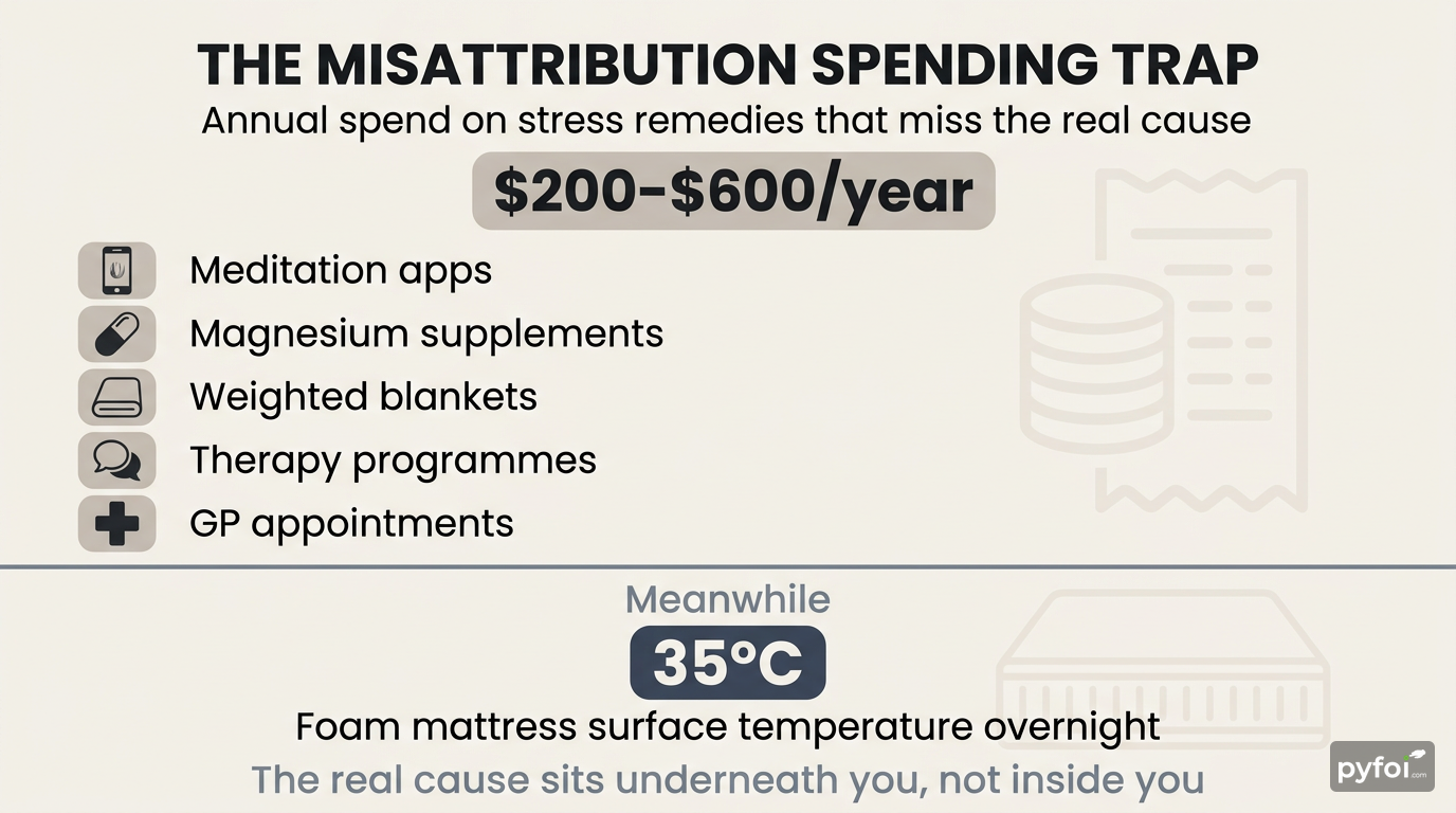 Cost breakdown infographic listing annual spending on meditation apps, supplements, weighted blankets, therapy, and GP visits totalling $200 to $600 per year