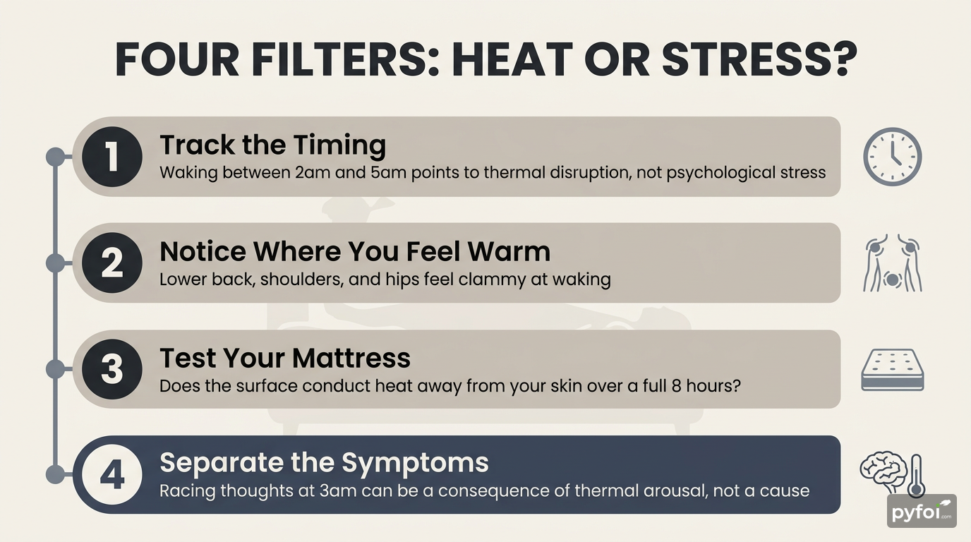 Four-step vertical process flow infographic with numbered filters for diagnosing whether poor sleep is caused by mattress heat or psychological stress