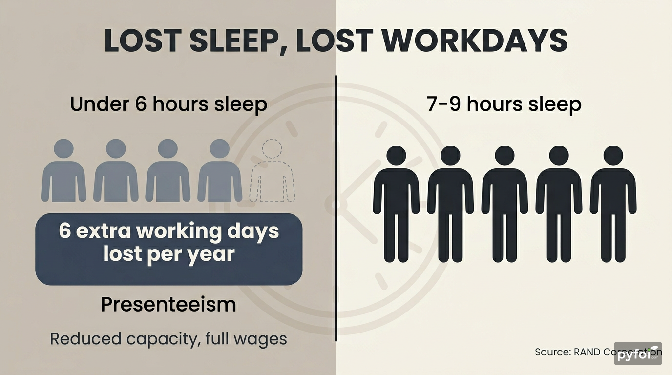Split-view infographic comparing workers sleeping under six hours versus seven to nine hours, showing six extra working days lost per year to presenteeism