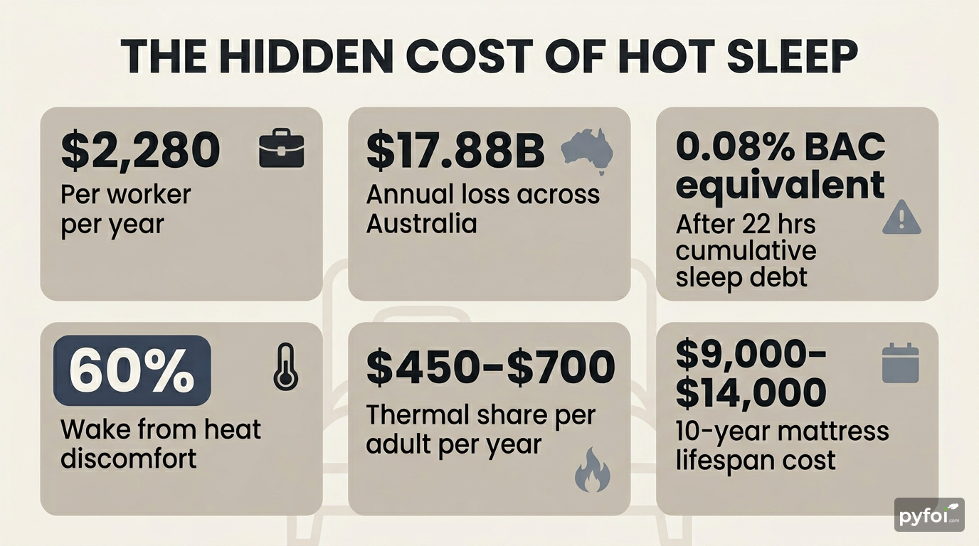Stat-badge infographic showing six metrics on sleep-related productivity losses including $2,280 per worker per year and $17.88 billion annual cost across Australia