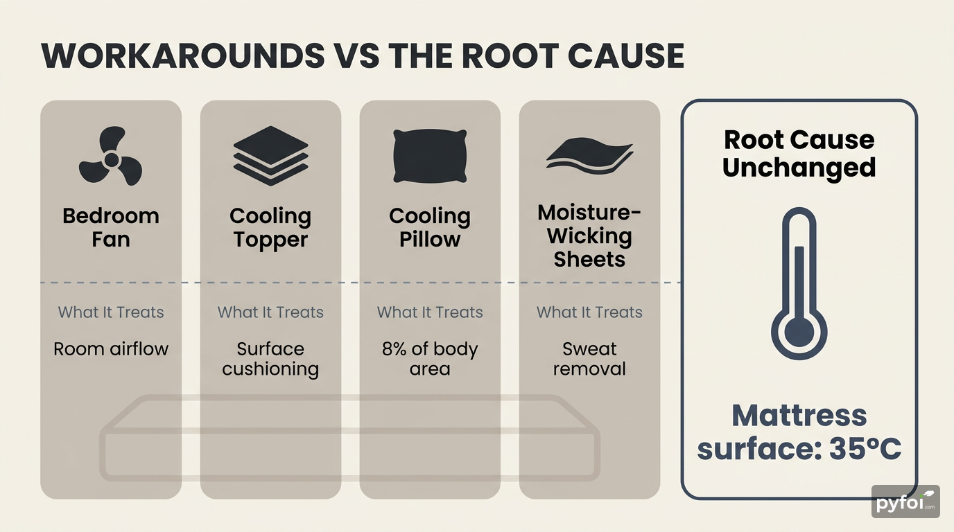 Cooling Accessories vs Root Cause Comparison Comparison columns showing four cooling accessories and their limited effect versus the unchanged mattress surface temperature of 35 degrees Celsius