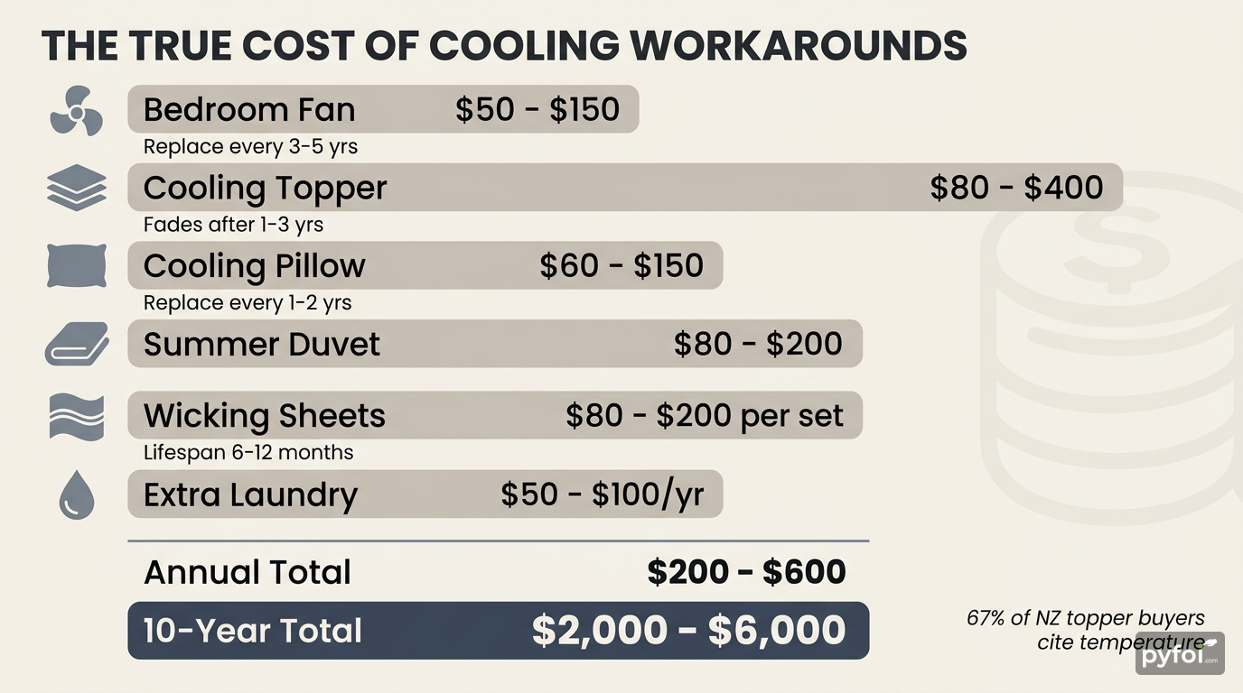Ten-Year Cost of Mattress Cooling Workarounds Cost breakdown infographic listing six cooling product categories with annual costs totalling $200 to $600 and a ten-year total of $2,000 to $6,000