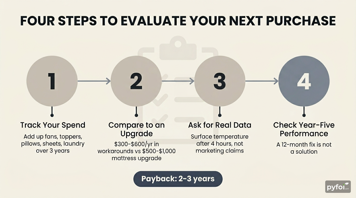 Evaluation Framework for Cooling Spend Four-step process flow infographic showing how to evaluate cooling product spending against a mattress upgrade with payback period of two to three years