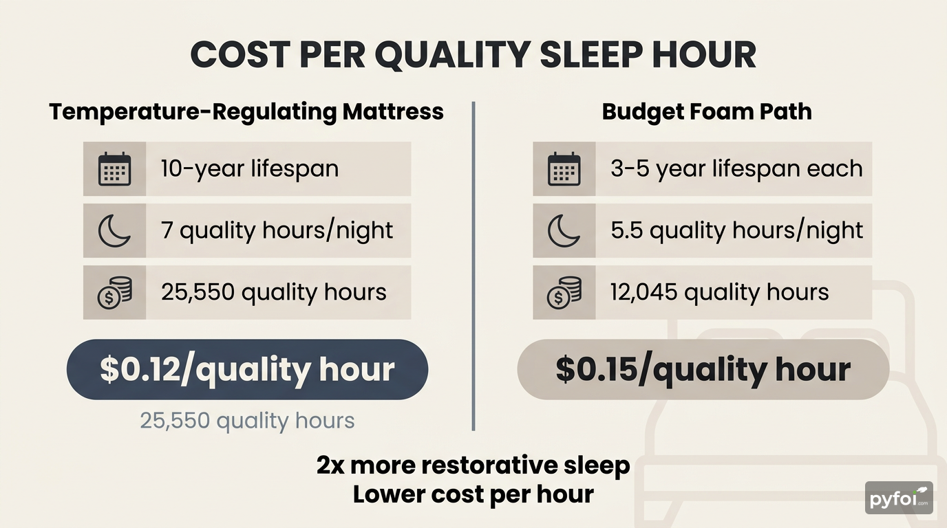 Mattress Cost Per Quality Sleep Hour Compared Cost-breakdown infographic comparing a $3,000 temperature-regulating mattress against two $1,500 foam replacements over ten years, showing cost per quality sleep hour