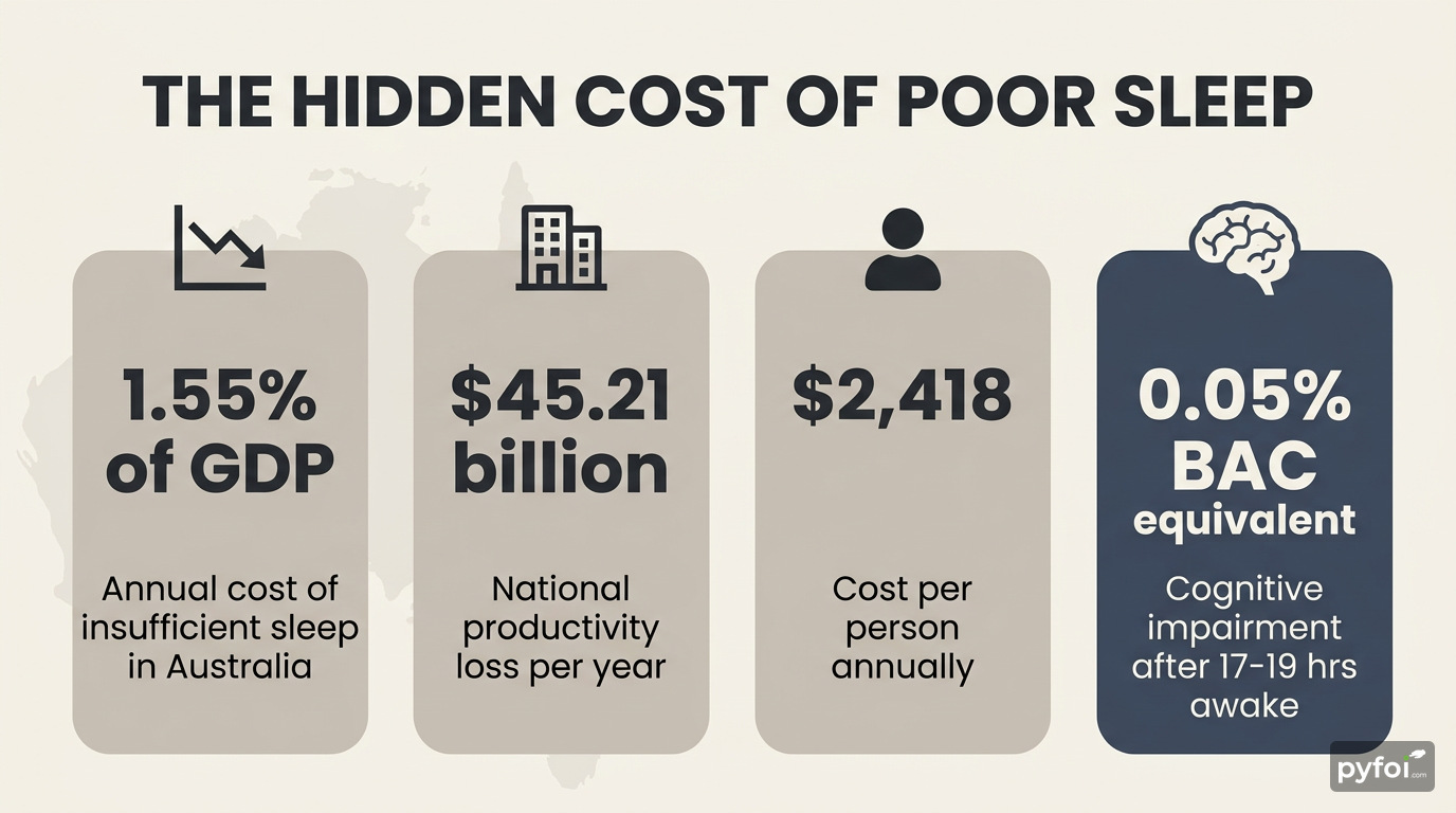 Economic and Cognitive Cost of Poor Sleep Stat-badge infographic displaying four key figures on the economic and cognitive cost of insufficient sleep in Australia