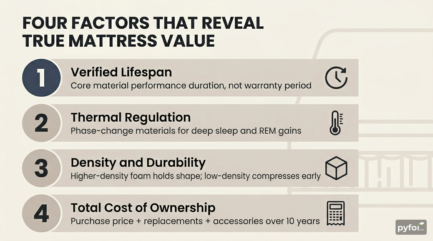 Four Metrics for True Mattress Value Info-card infographic listing four evaluation factors for comparing mattress value: lifespan, thermal regulation, density, and total cost of ownership